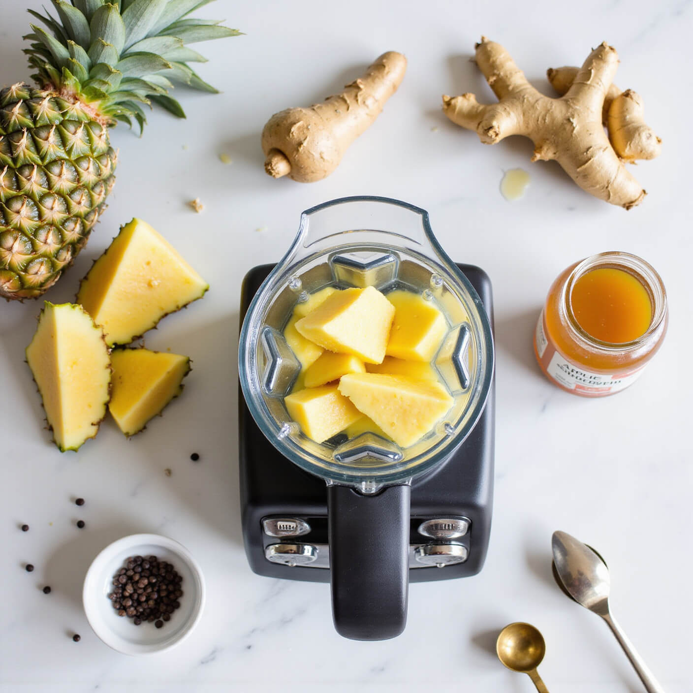 Top-down view of a contemporary kitchen with a blender, fresh pineapple chunks, turmeric root, ginger, apple cider vinegar jar, black peppercorns in a brass bowl, and scattered green leaves on white ceramic surfaces under soft lighting.