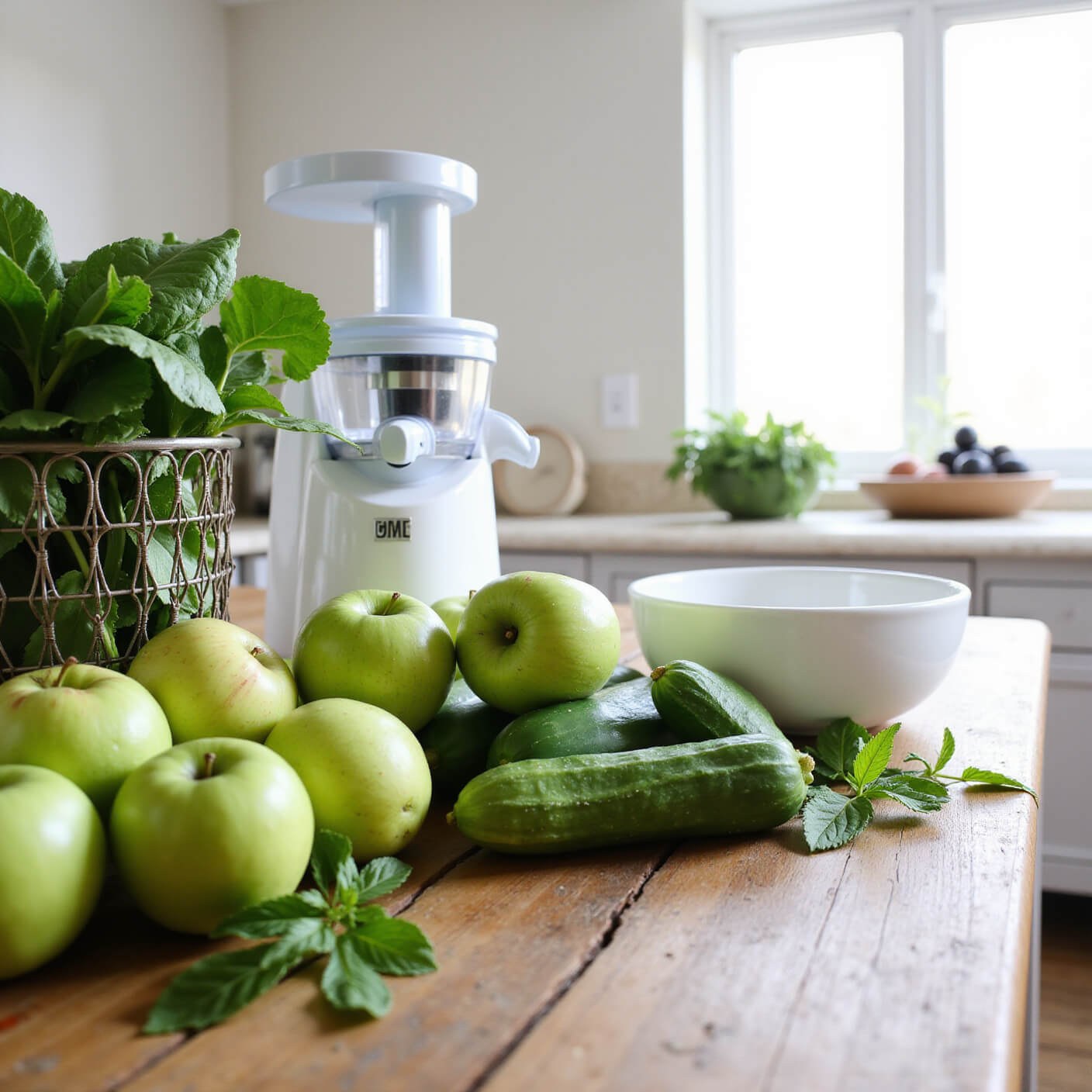 Fresh green apples, cucumbers, and spinach on a farmhouse kitchen island with a modern glass juicer and vintage wire basket, captured in soft morning light.