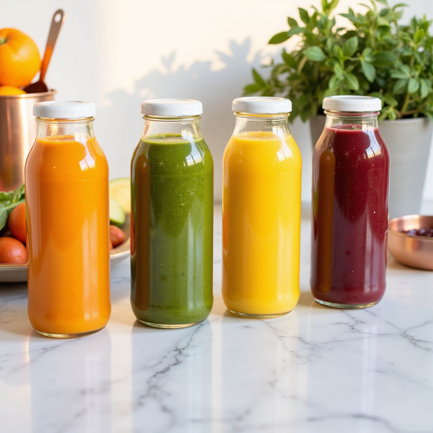Colorful layered juices in tall glass bottles on a white marble surface, surrounded by fresh ingredients, herbs, and copper tools, photographed at golden hour.