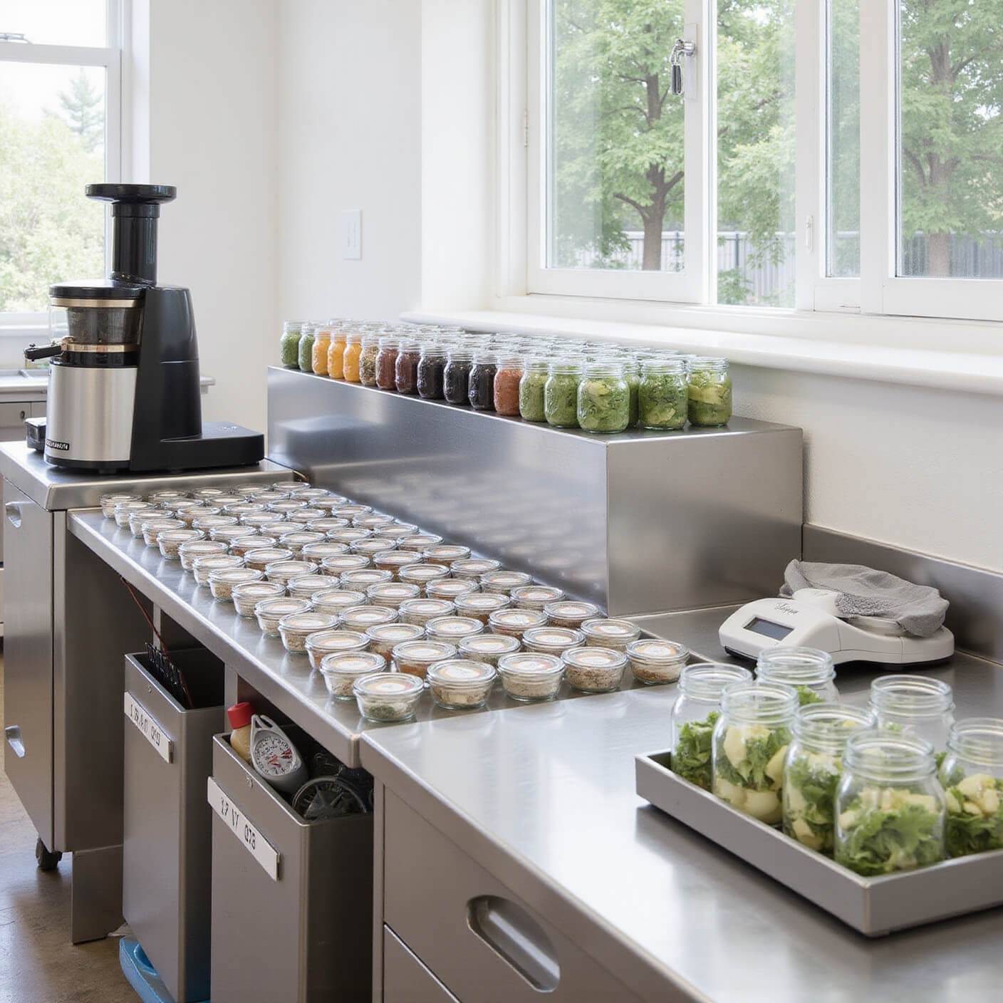 Overhead view of a bright, clinical preparation space with organized mason jars, fresh produce washing station, professional juicing equipment, and labeled containers on stainless steel surfaces reflecting natural light.