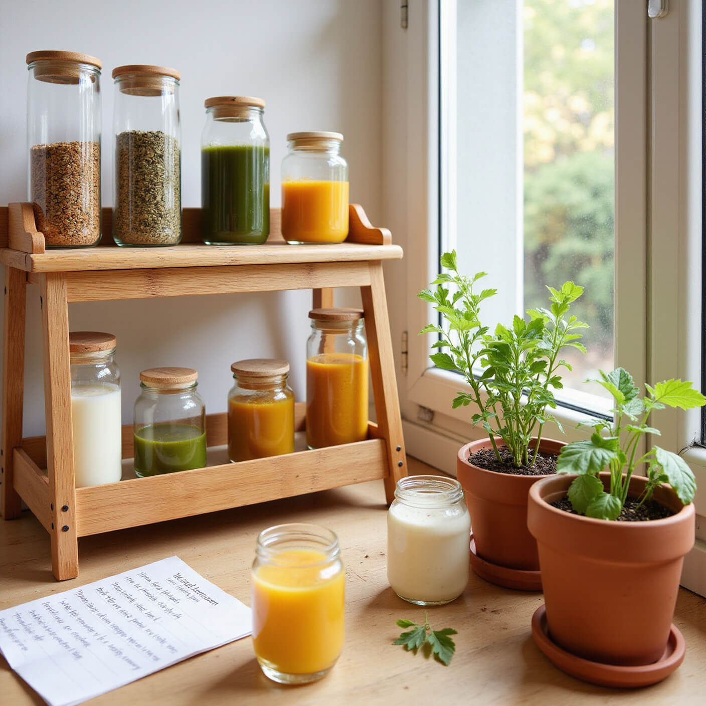 Cozy wellness corner with bamboo station, glass jars of herbs and spices, fresh juices, terracotta potted herbs by a sunny window, and handwritten recipe cards and journal.