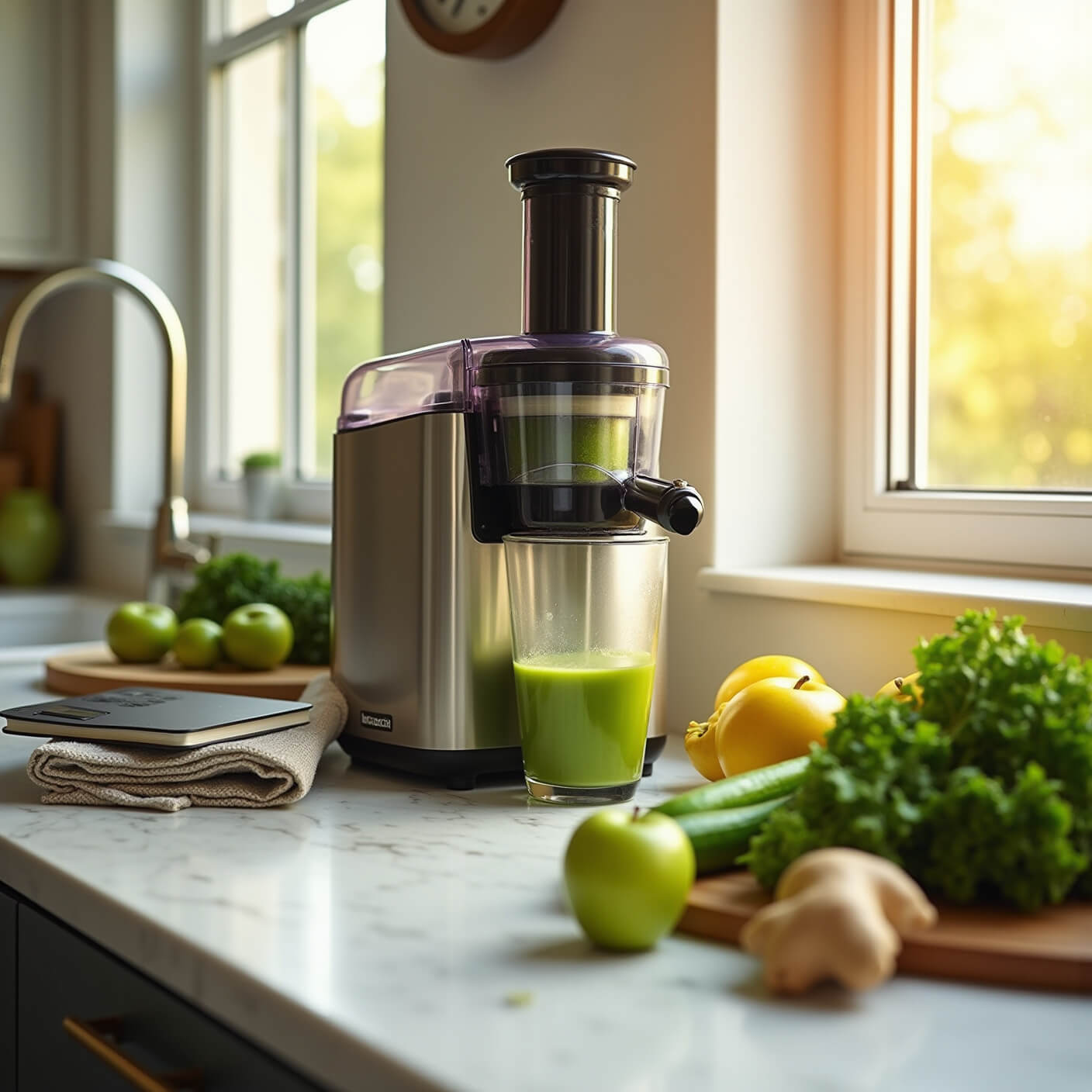 Modern sunlit kitchen with stainless steel juicer on marble counter, fresh green produce, glass juice containers, and wellness accessories at golden hour.