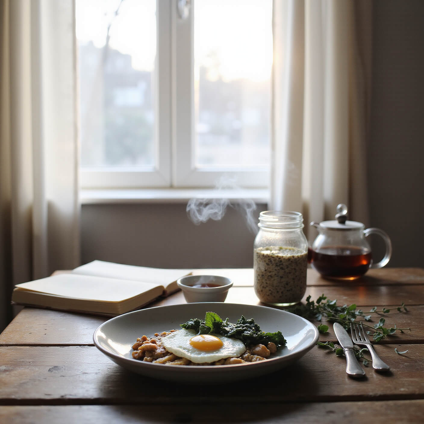 Cozy kitchen nook at blue hour with rustic breakfast setup: overnight oats, egg and spinach dish, steaming tea, wellness journal, and eucalyptus sprigs on a wooden table.