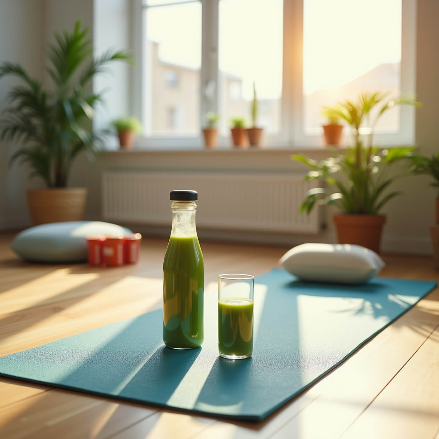 Minimalist home gym at sunrise with yoga mat, green juice, water bottle, resistance bands, meditation cushion, potted plants, and blonde wood flooring in soft natural light.