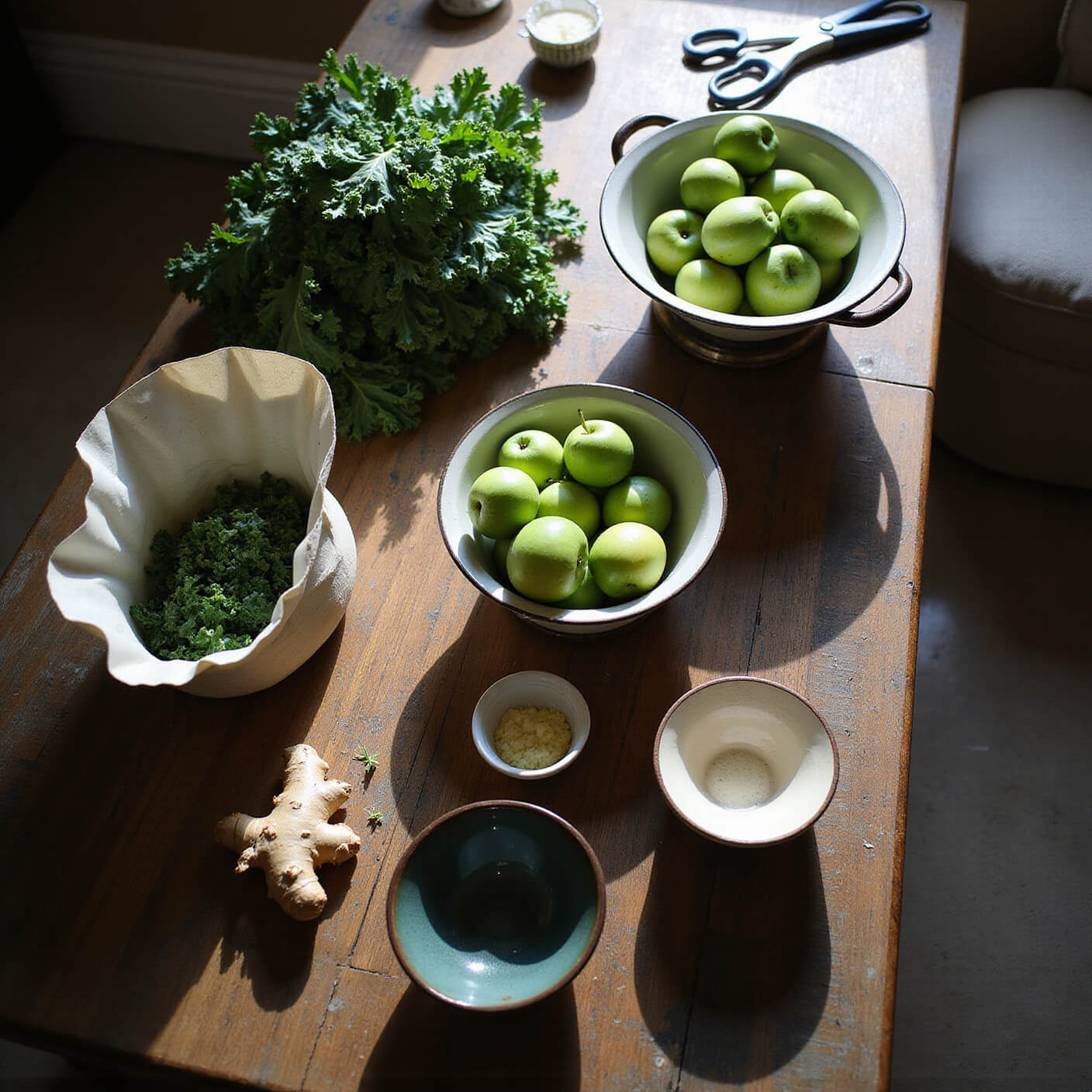 Overhead view of rustic wooden table with organic kale, ginger, and green apples in a vintage colander, eco-friendly produce bags, ceramic bowls, and herb scissors under soft natural light.