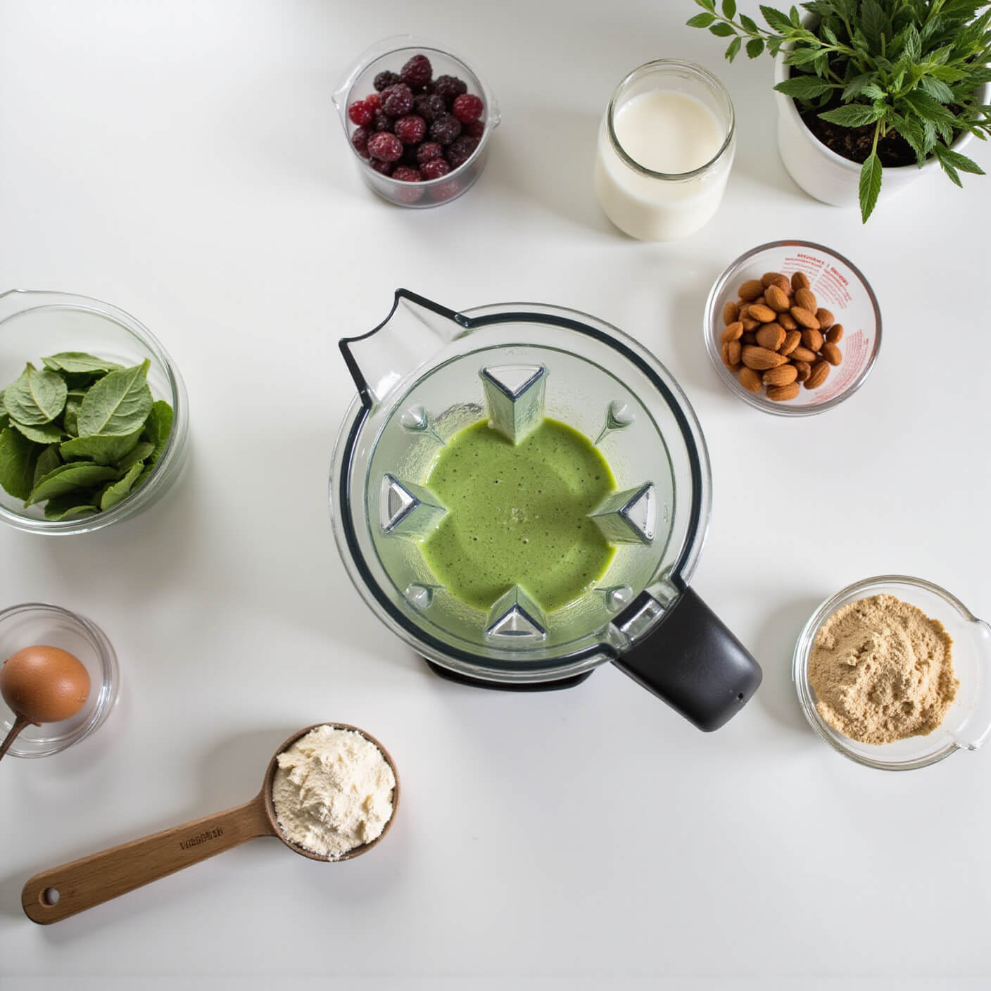 Top-down view of a minimalist white kitchen counter with a professional blender mixing a green smoothie, surrounded by fresh ingredients, pre-portioned containers, natural wood accents, and potted herbs in bright morning light.