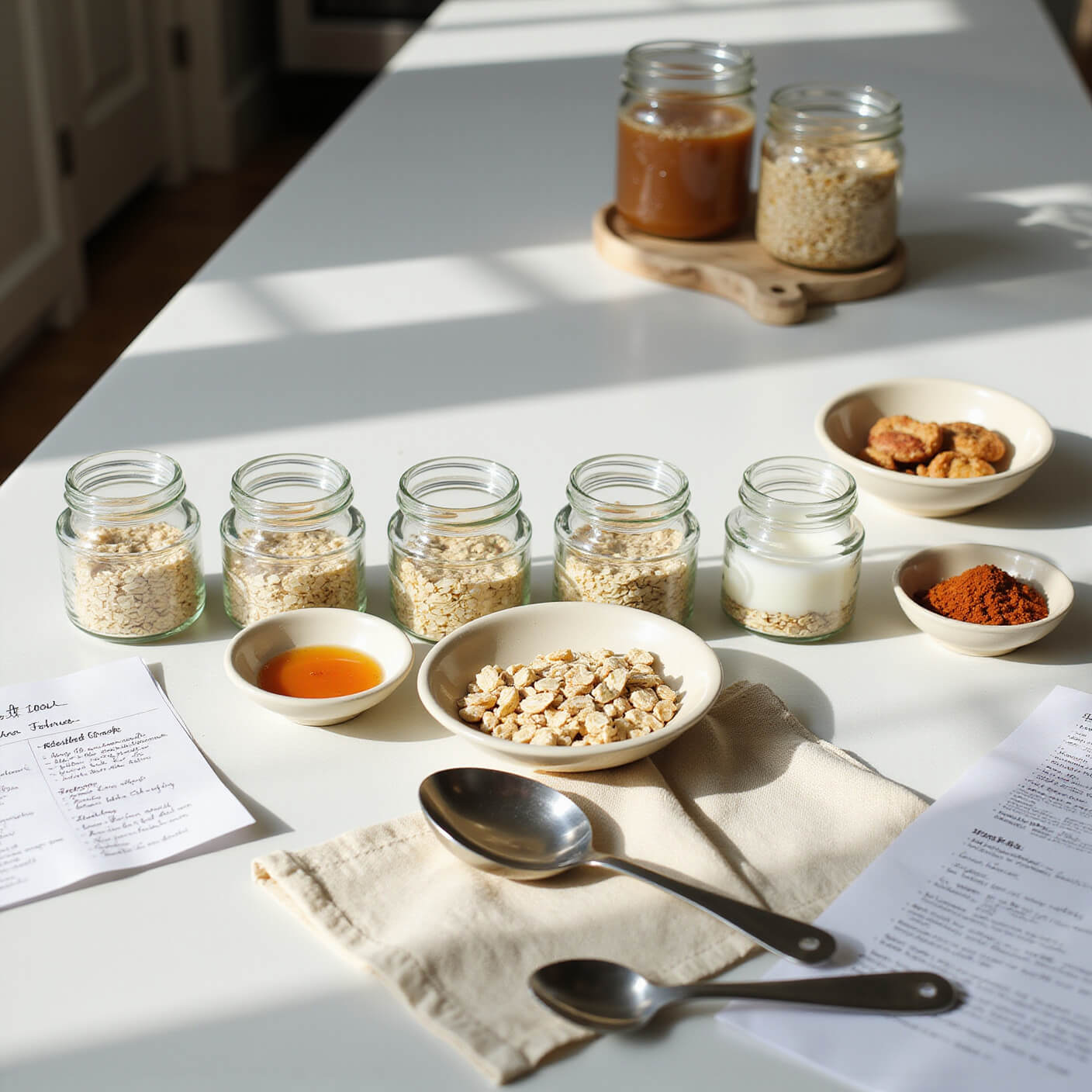 Five glass jars lined up on a sunlit breakfast bar, each showing stages of overnight oats prep, with ingredients, measuring spoons, a recipe card, and a weekly planner neatly arranged.
