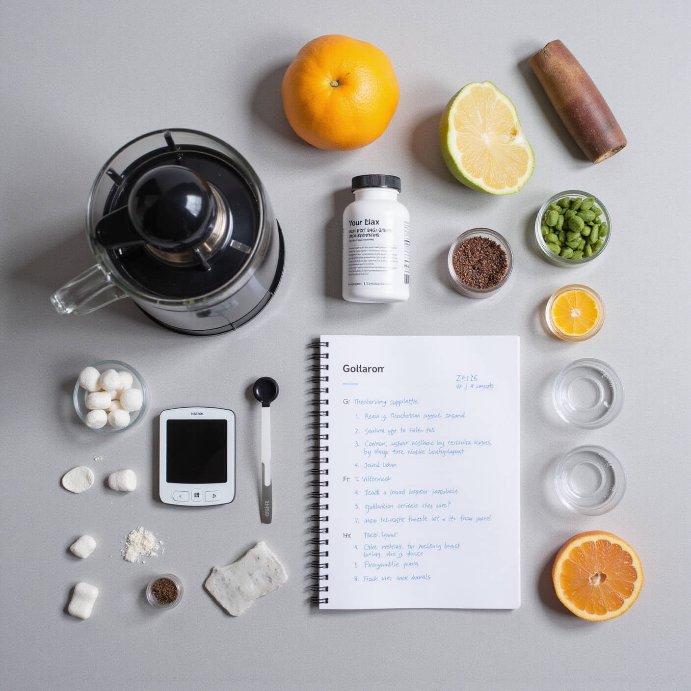 Flat lay of scientific wellness items on a light grey surface, featuring juicer parts, supplements, blood glucose monitor, wellness tracker journal, measuring tools, and organized produce in a clean, clinical style with bright overhead lighting.