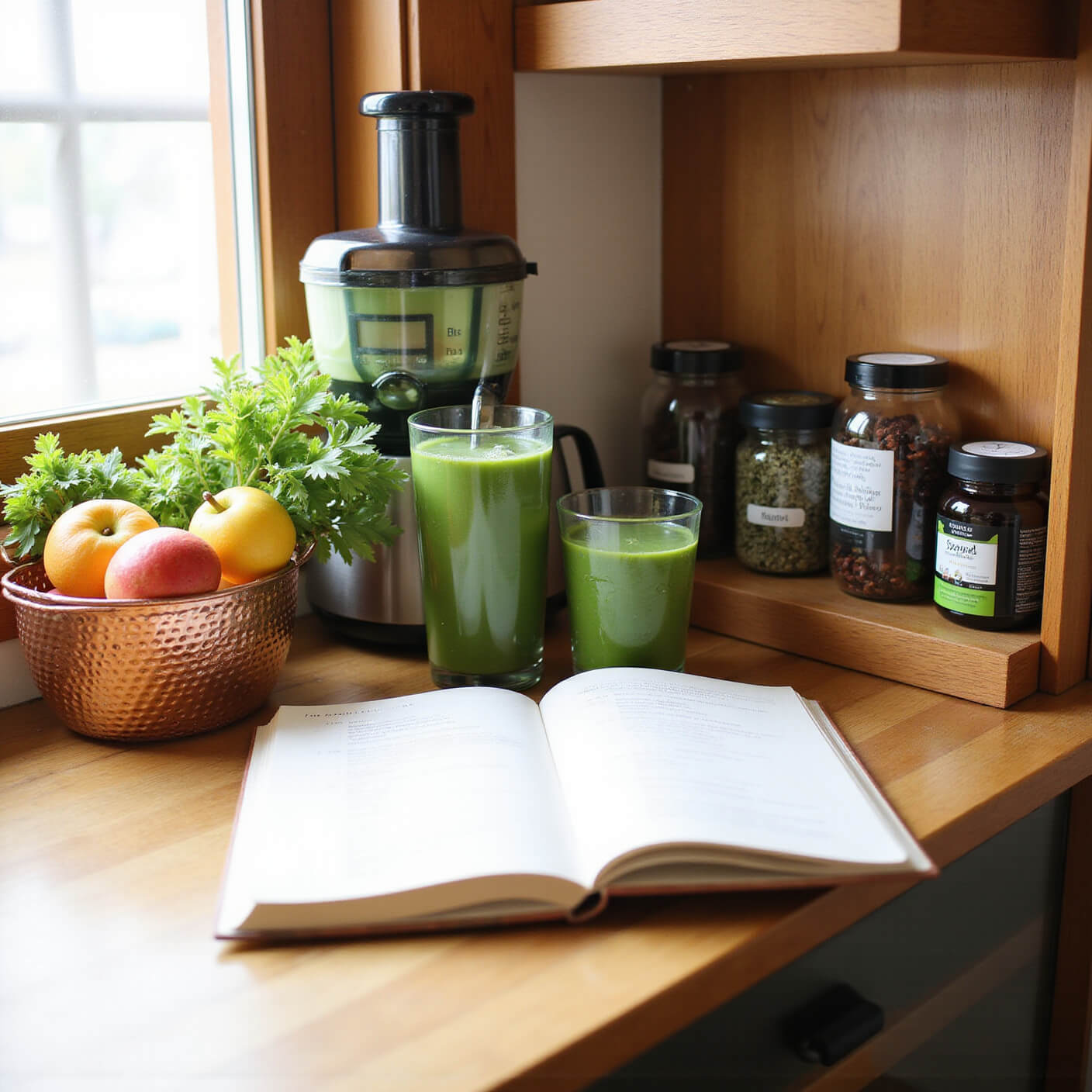 Cozy breakfast nook with morning light, green juice station, copper fruit basket, glass jars, supplements, open healthy cookbook, wellness notes, warm wood accents, and fresh greenery.