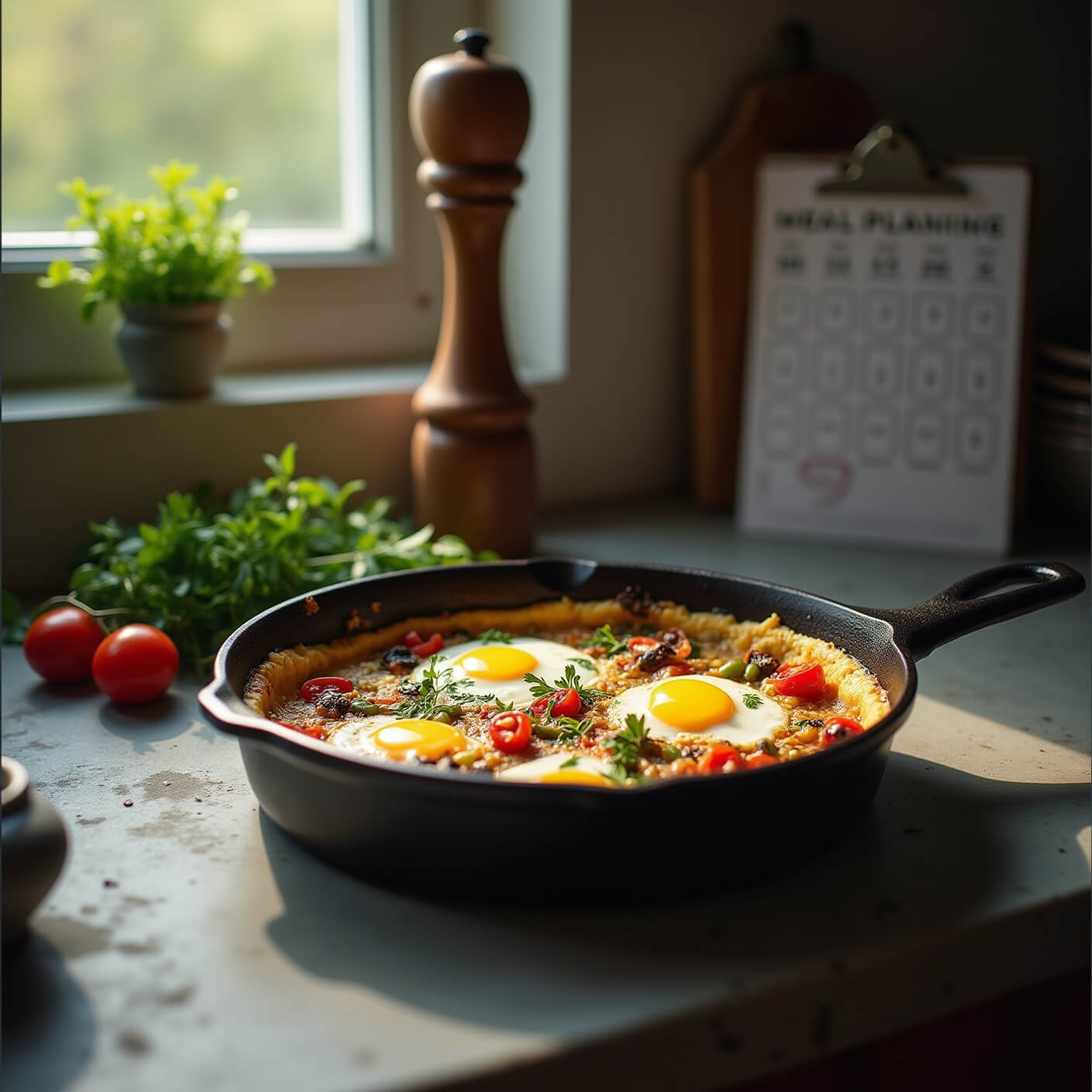 Cast iron skillet with colorful egg white frittata on concrete countertop, surrounded by fresh herbs, cherry tomatoes, and pepper mill; meal planner and nutrition tracker visible in background with soft morning light.