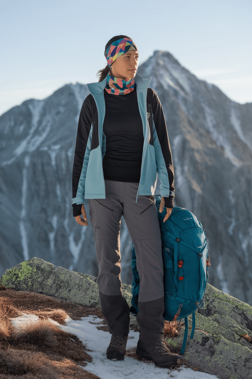 Female hiker on mountain summit wearing layered outdoor gear: black thermal base layer, blue fleece, silver shell jacket, granite hiking pants, brown boots, colorful neck gaiter, and teal technical backpack in clear morning light.