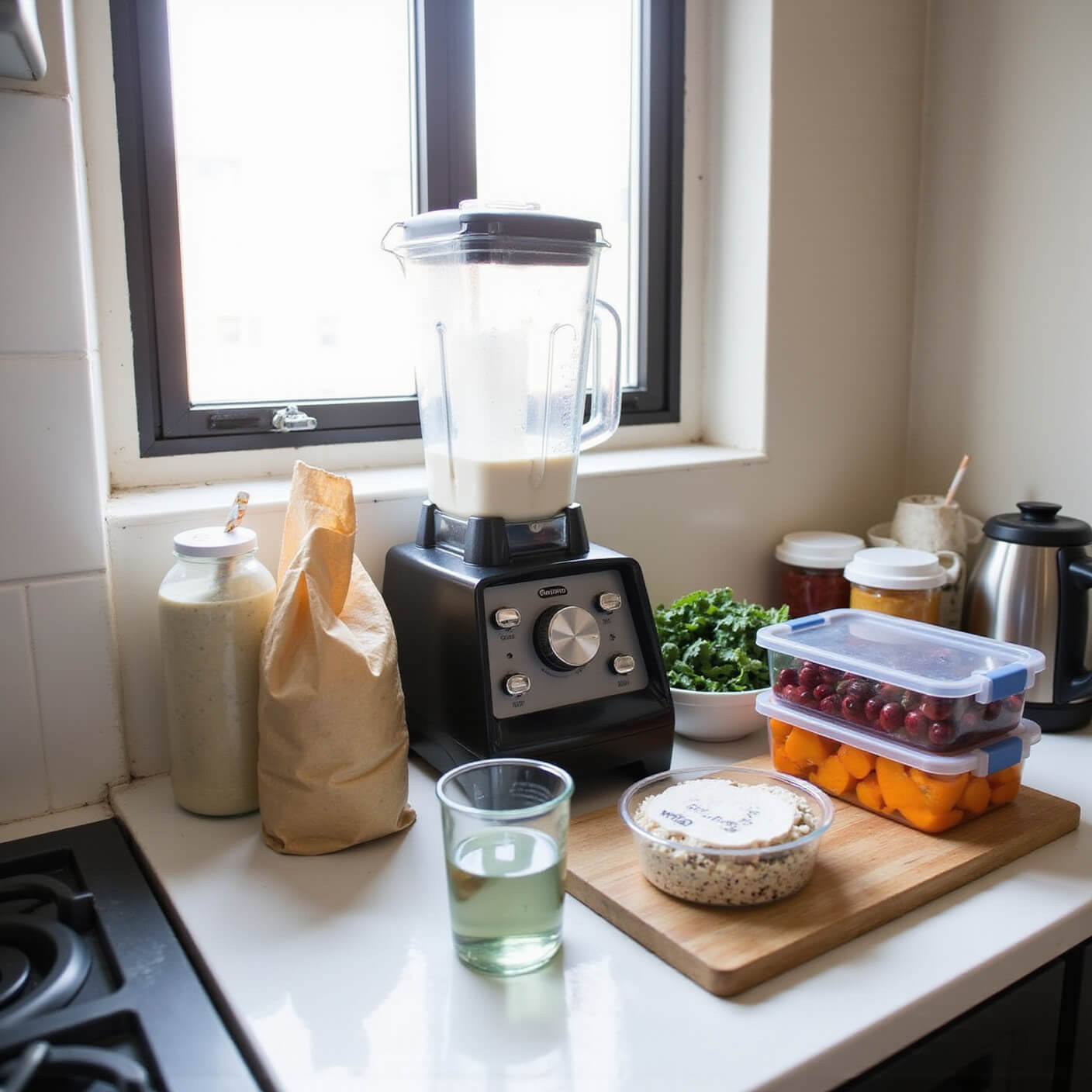 Small apartment kitchen with blender, nut milk bag, produce, glass containers, and meal prep tools arranged neatly; price notes visible, natural light streaming in.