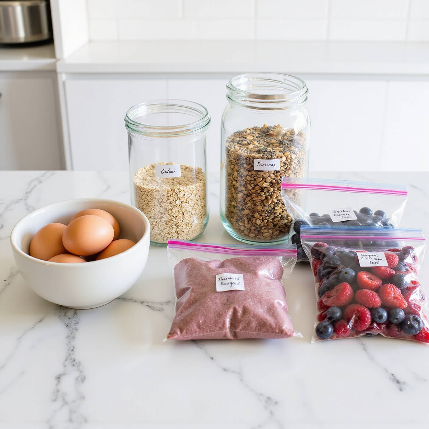 Bright, modern kitchen island organized with bulk ingredients in glass jars, a ceramic bowl of eggs, freezer bags of frozen berries, and handwritten cost comparison notes under bright commercial lighting.