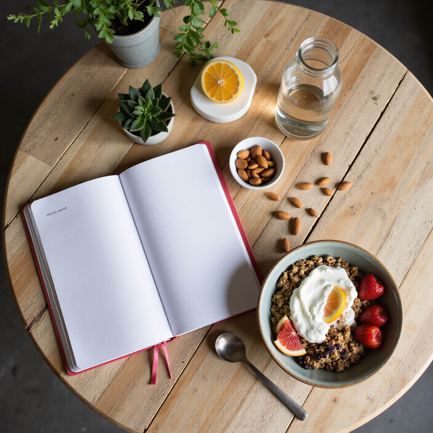 Overhead view of a cozy breakfast scene with Greek yogurt bowl, wellness journal, citrus water bottle, supplements, almonds, and potted succulents on a rustic wooden table.
