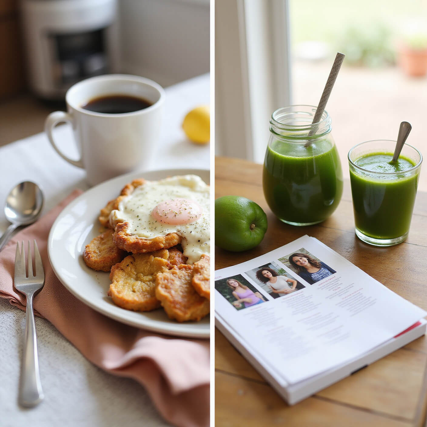 Side-by-side kitchen scenes showing lifestyle transformation: left side features traditional breakfast with coffee; right side highlights green juice prep with wellness journal, blood sugar monitor, and progress photos under bright morning light.