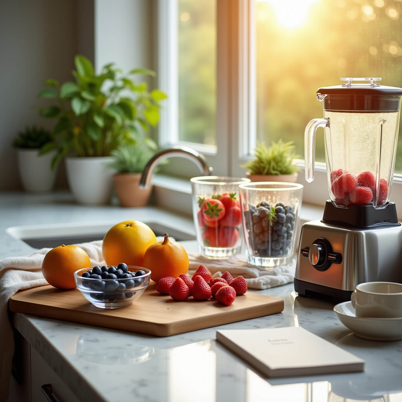 Modern sunlit kitchen counter at golden hour with fresh berries, citrus fruits on a wooden board, glass containers, stainless steel blender, and wellness elements on white marble surface.