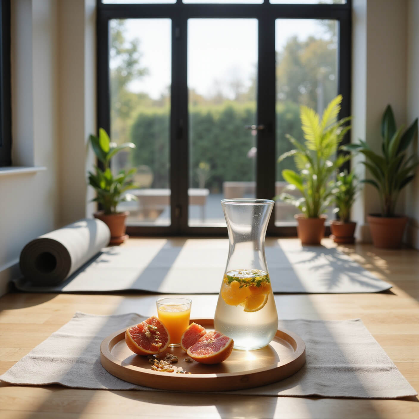 Minimalist home gym with floor-to-ceiling windows, a meditation area, a bamboo tray holding grapefruit and citrus water, yoga mat, meditation cushion, and potted plants in soft morning light.