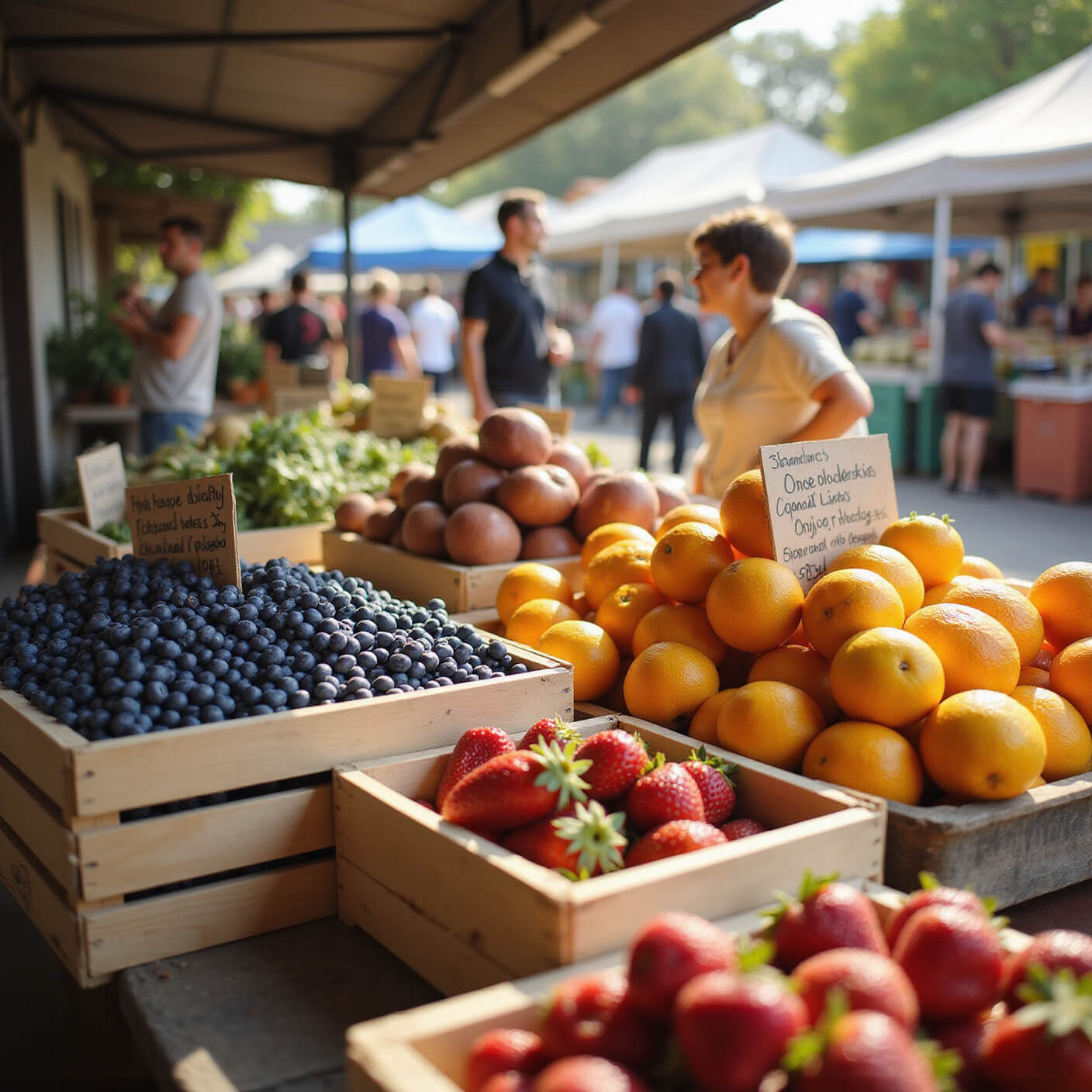Artisanal produce display at farmers market with overflowing wooden crates of organic blueberries, strawberries, and citrus, highlighted by natural sunlight and surrounded by handwritten signs and kraft paper packaging.