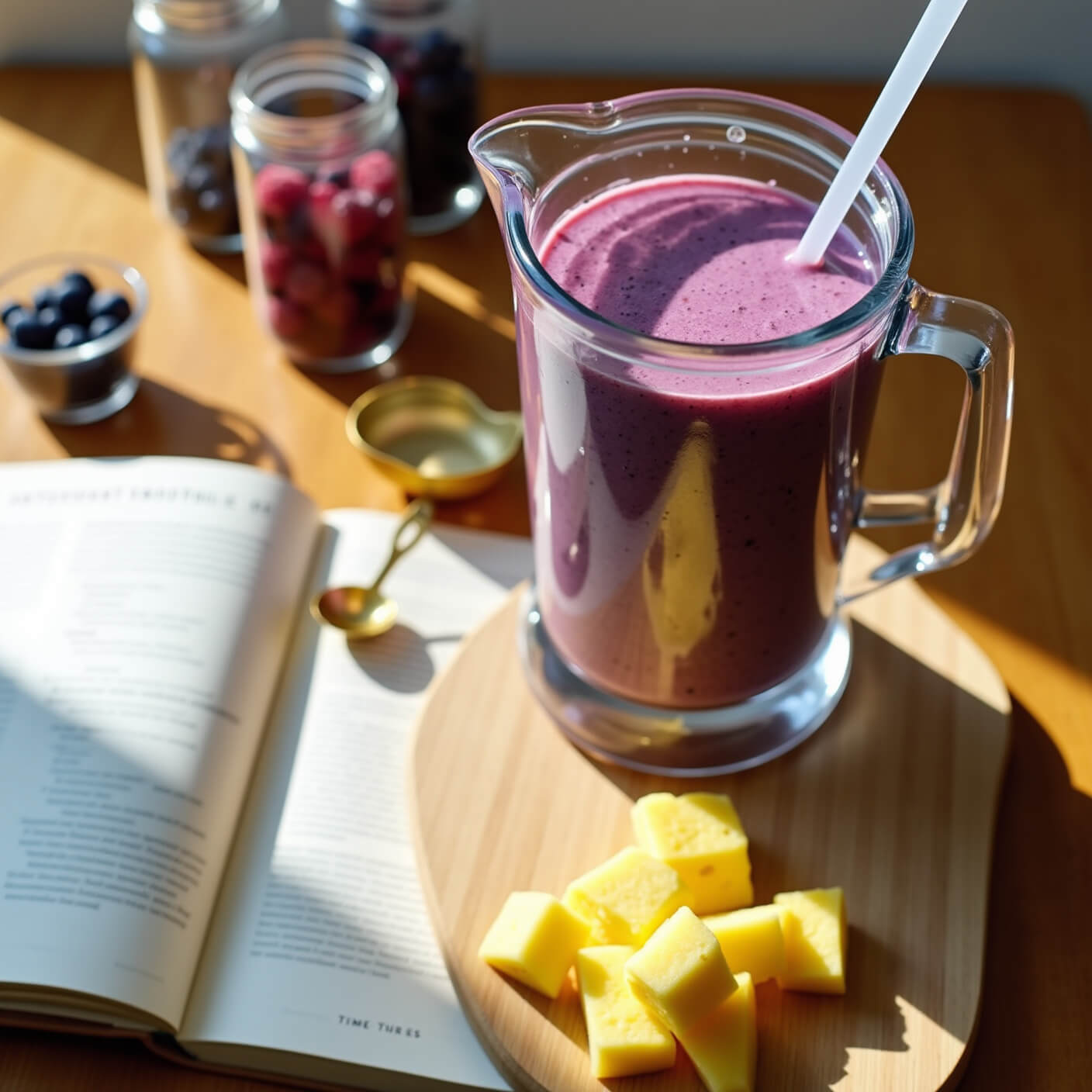 Cozy kitchen smoothie station in warm light with blender of purple smoothie, fresh berries and pineapple on bamboo board, and open recipe book.