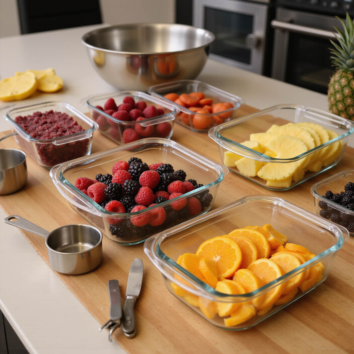 Person meal prepping in a modern kitchen, filling glass containers with portioned berries, citrus, and pineapple, surrounded by steel bowls and eco-friendly storage under warm lighting.