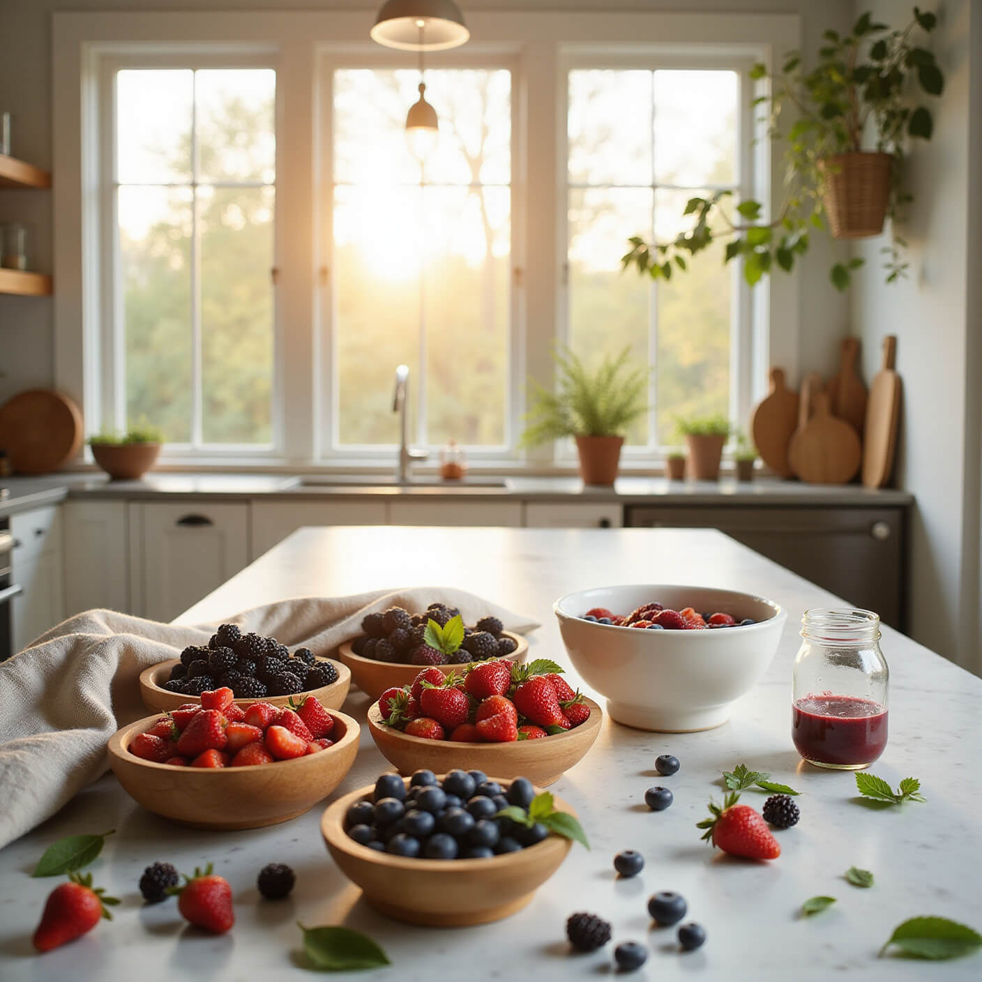 Sunlit farmhouse kitchen with marble island displaying wooden bowls of fresh berries, a white ceramic colander, a smoothie jar, linen towels, and a small herb garden.