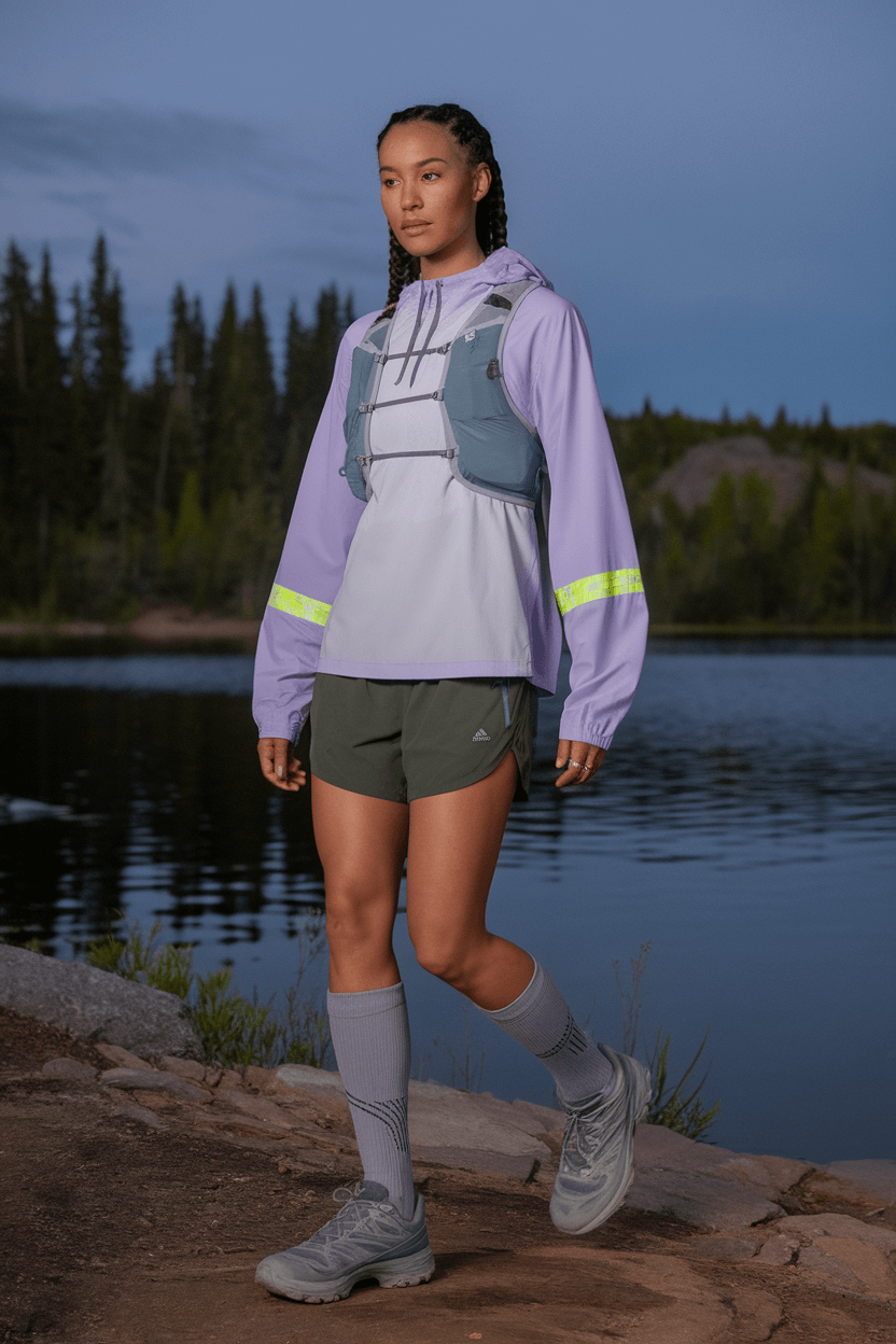 Woman by a lakeside at dusk wearing lavender performance hoodie, white crossed-back tank, forest green quick-dry shorts, pale gray hiking shoes with mint accents, compression socks, and a slate blue hydration vest.