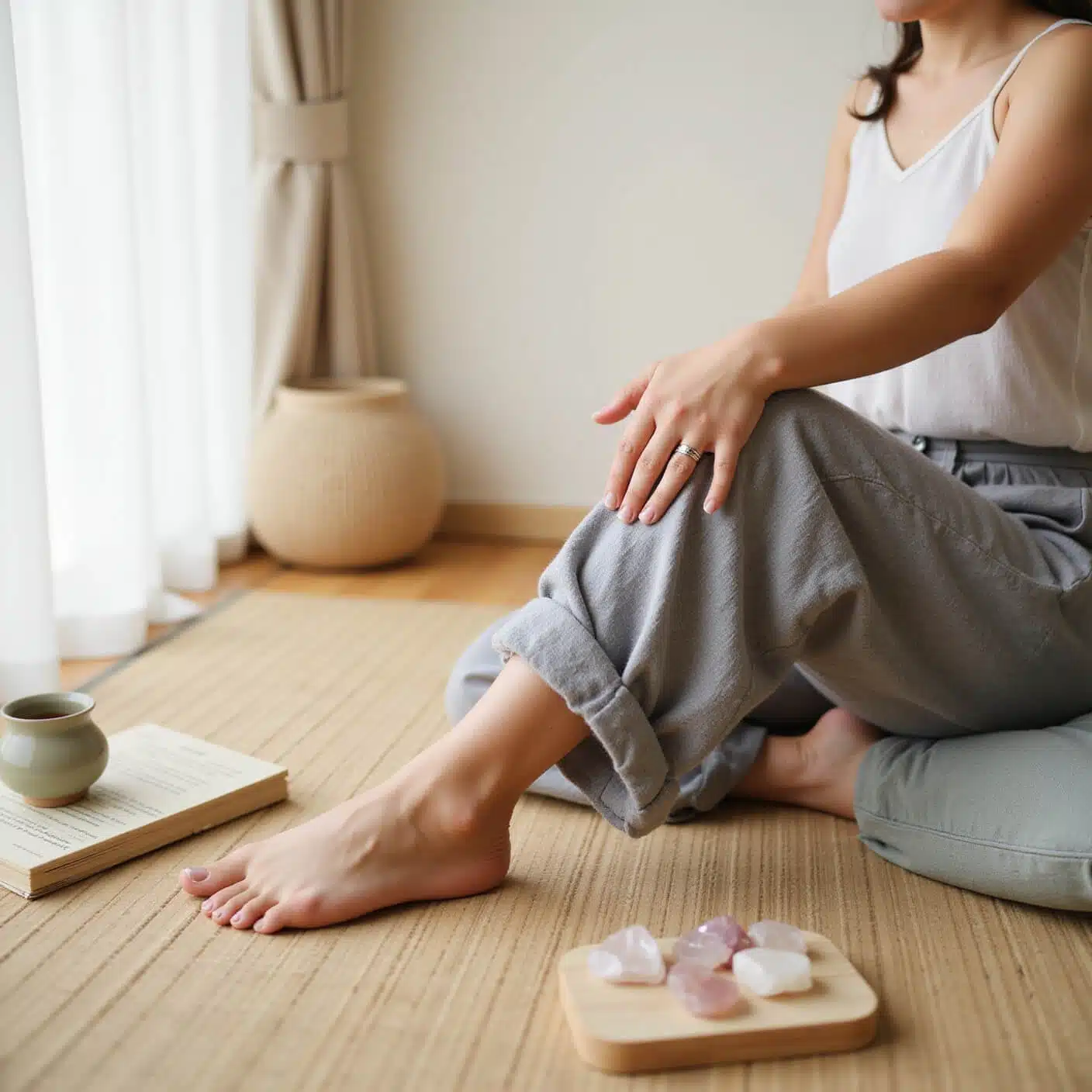 Person seated on a tatami mat in a minimalist bamboo room, demonstrating the Zusanli (ST36) acupressure point near the knee, surrounded by a wellness journal, rose quartz crystals, and a ceramic tea set, in soft dawn light through sheer curtains.