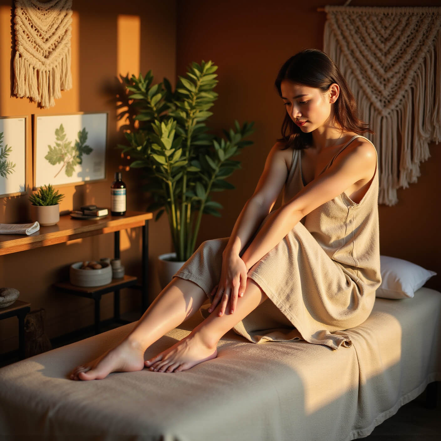Person practicing Sanyinjiao (SP6) ankle point technique in a cozy wellness room with cream therapy bed, wooden walls, macramé decor, eucalyptus plants, and healing tools, bathed in golden hour light.