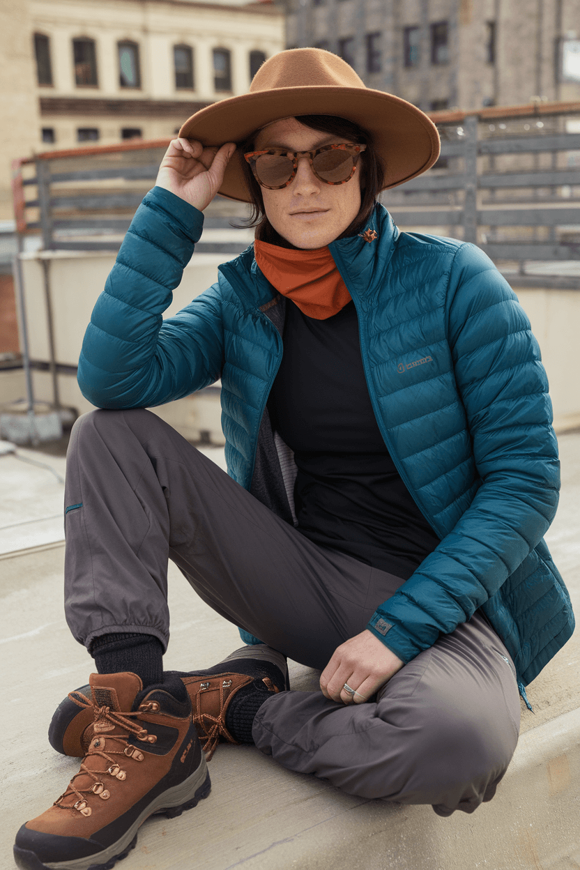 Fashionable hiker on urban rooftop wearing fitted black base layer, gray convertible pants, teal quilted jacket, camel wide-brimmed hat, tortoiseshell sunglasses, burnt orange neck gaiter, and brown waterproof boots.