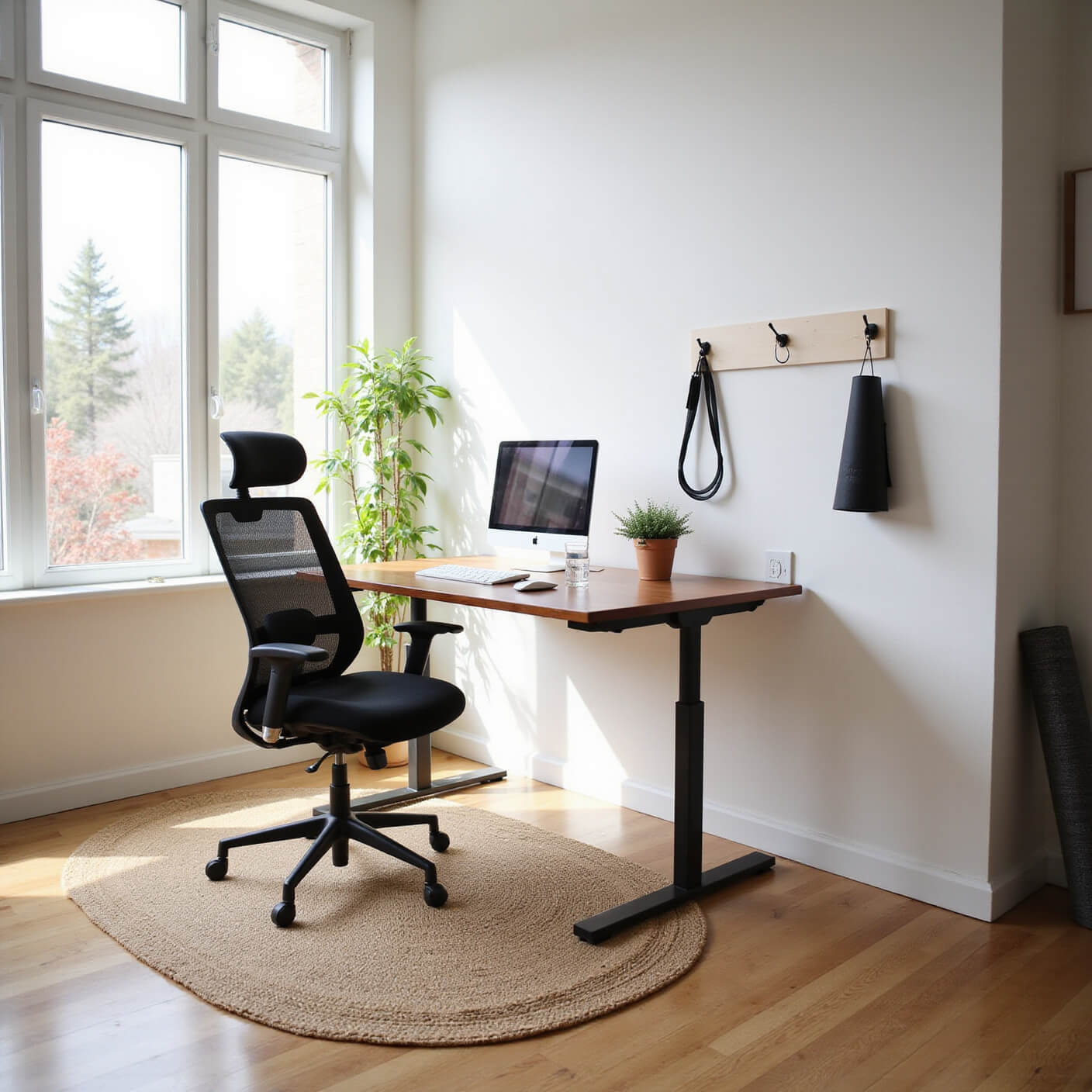 Sunlit home office with adjustable standing desk, ergonomic chair, laptop, succulents, and fitness accessories on hardwood floors with a jute rug.