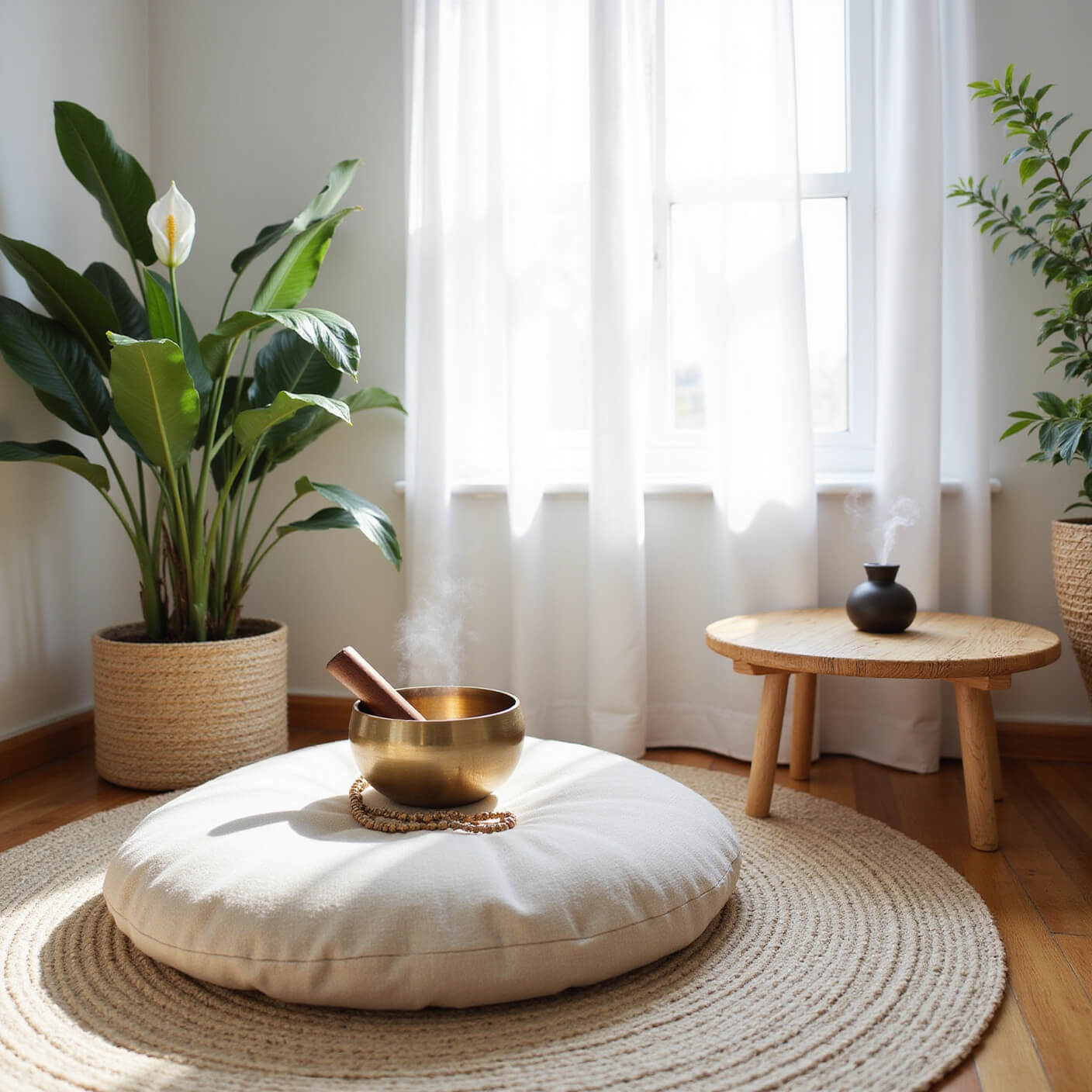 Minimalist meditation nook with linen cushion, wool mat, bamboo table holding a singing bowl, mala beads, and diffuser, framed by peace lily and monstera plants in natural light.