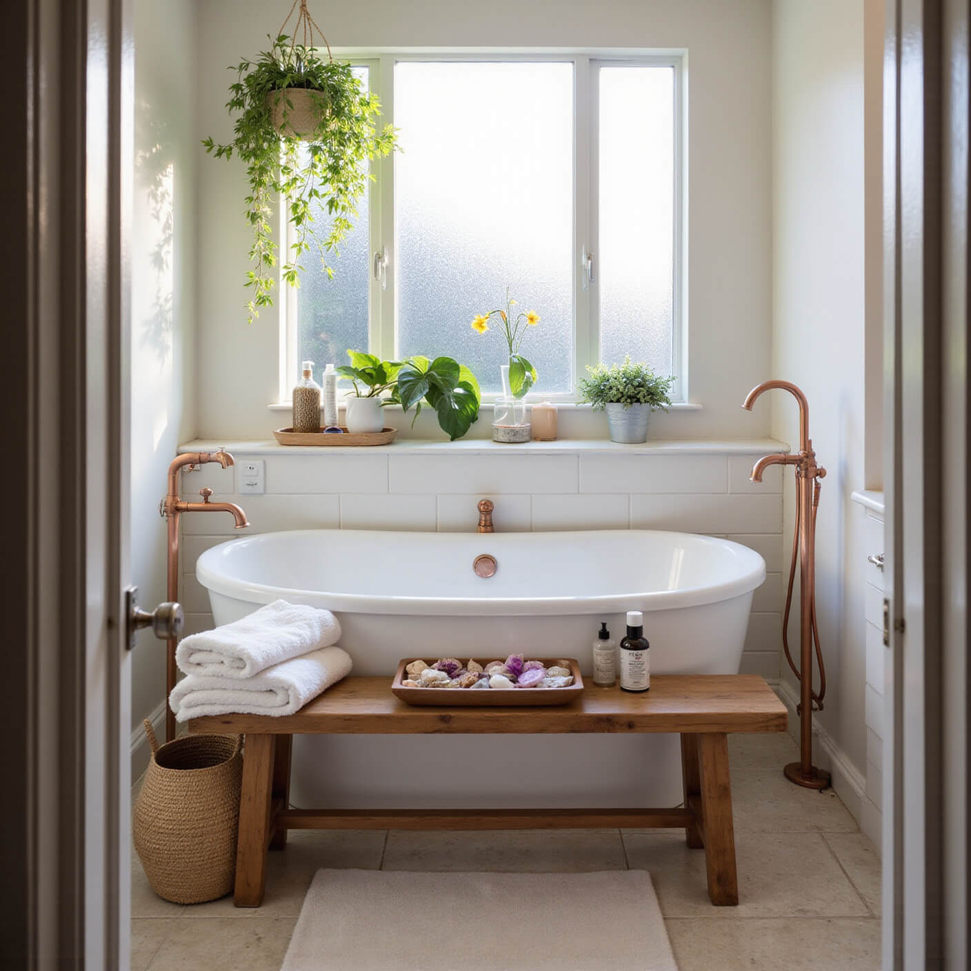 Modern bathroom sanctuary with soaking tub, wooden caddy of crystals and beauty products, plush towels on teak bench, lush plants, and stone tiles with copper fixtures in soft afternoon light.