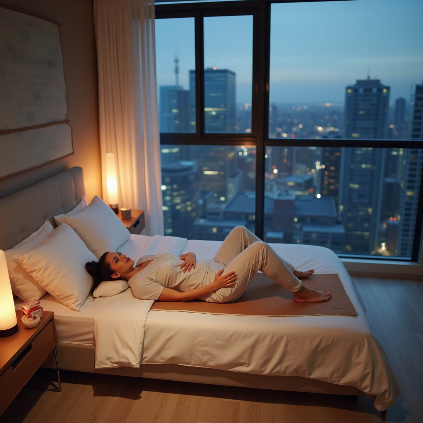 Person practicing Qihai (CV6) exercise on a cork yoga mat in a modern bedroom at dusk, surrounded by wellness elements, with cool blue and warm amber lighting.