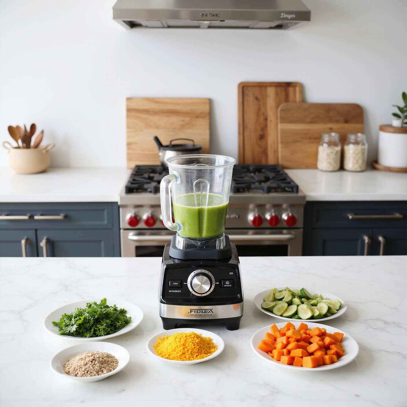 Modern kitchen top view with bright natural light, featuring marble countertops filled with colorful vegetables, grains, herbs, a blender with green smoothie ingredients, mason jars of oats, and gleaming stainless steel appliances.