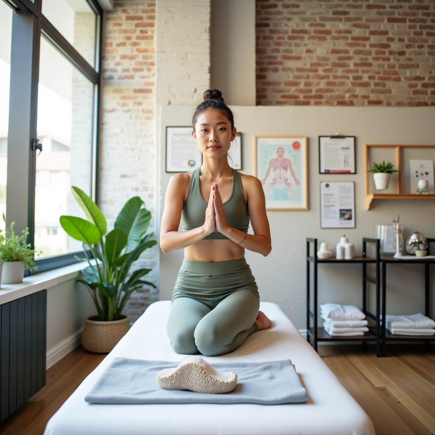 Professional wellness studio with exposed brick and large windows, practitioner in sage green athletic wear demonstrating Zhongwan (CV12) technique on a white treatment table, surrounded by plants, medical charts, and wellness tools in soft natural light.
