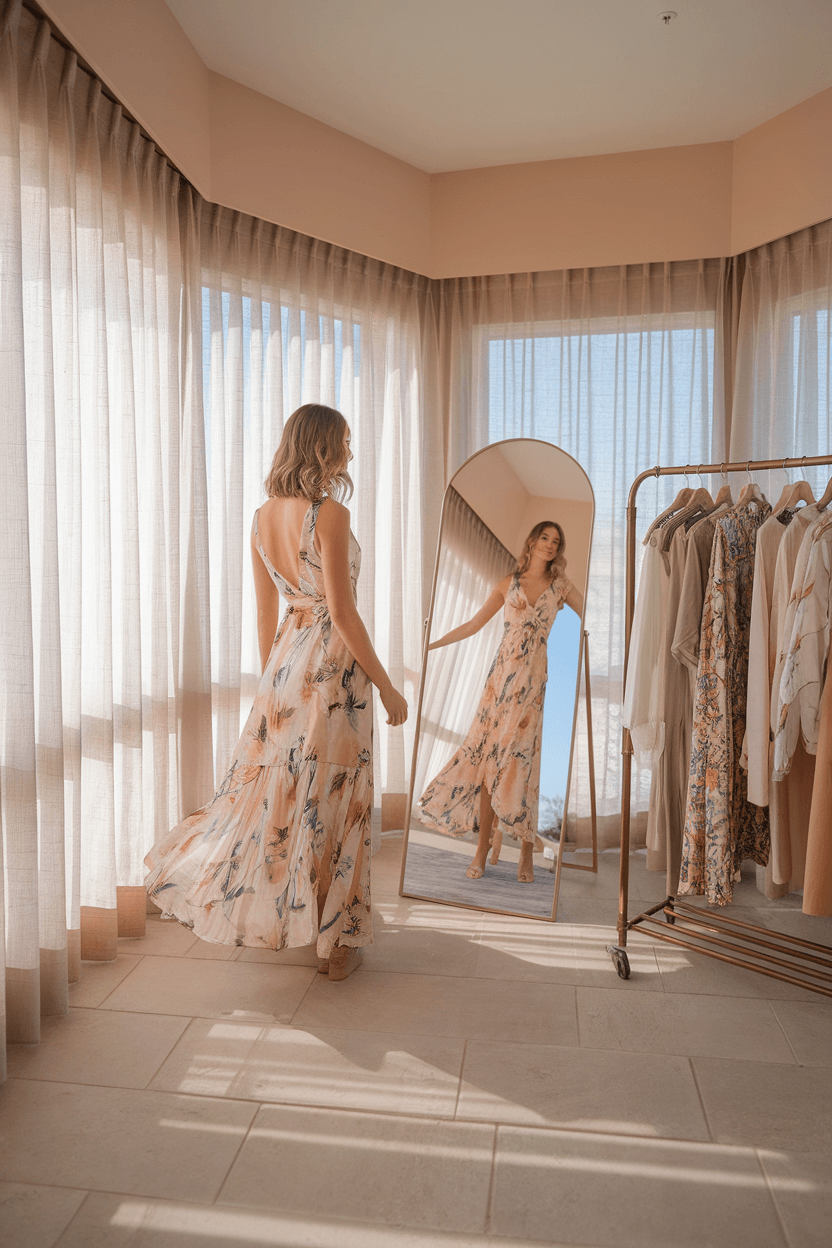 Model twirling in a floral wrap dress before a mirror in a sunlit hotel suite with blush walls, neutral tile floors, and resort wear on a brass rack.
