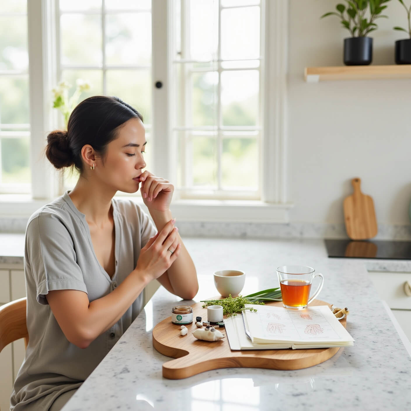 Person in linen loungewear practicing Nei Guan (P6) wrist acupressure at a bright kitchen breakfast nook, surrounded by herbal tea, supplements, journal with pressure point diagrams, and potted herbs.