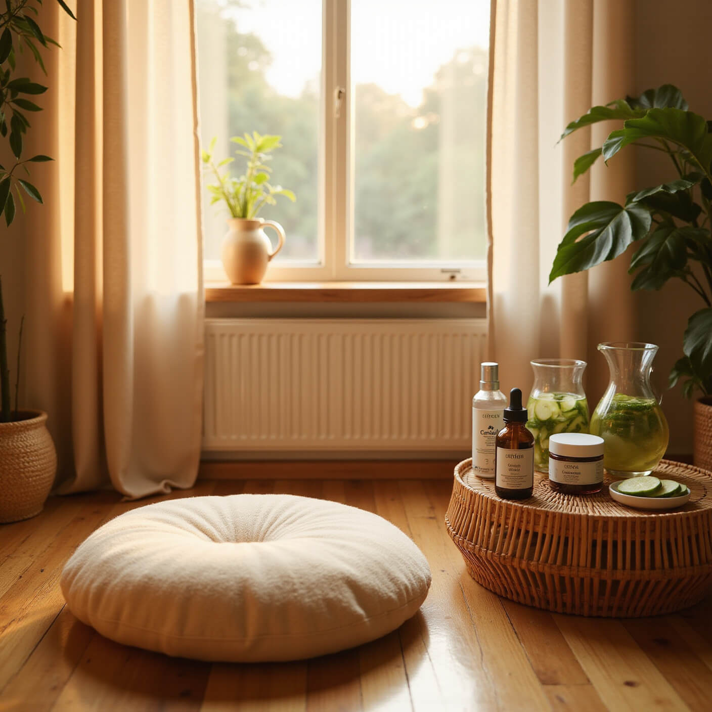 Cozy home spa corner with a cream meditation cushion on wooden floors, skincare products on a bamboo table, soft linen curtains filtering golden light, and cucumber-infused water in glass carafes.