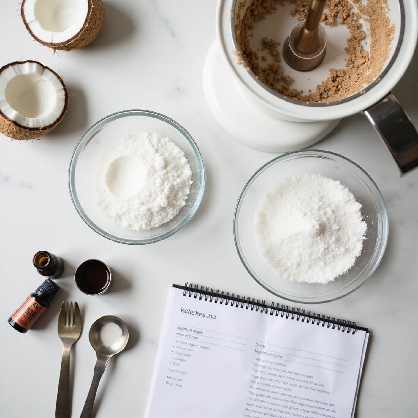 Overhead view of a modern kitchen countertop with DIY skincare setup, including fresh coconut, organic sugar in measuring cups, glass bowls, essential oils, stainless steel tools, a recipe card, and a journal on white quartz, lit by natural and overhead light.