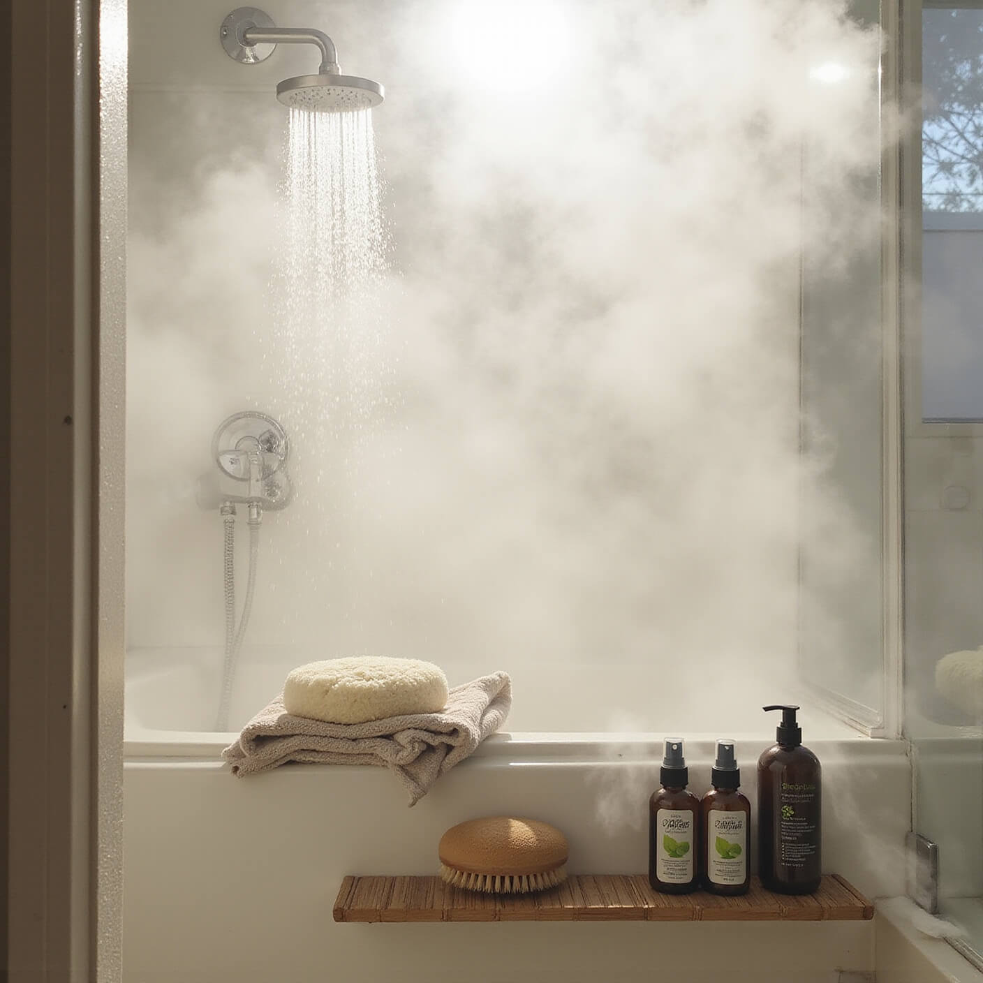 Post-workout bathroom scene with steam rising, eco-friendly skincare products on bamboo shelves, and a workout towel and water bottle, viewed through foggy glass.