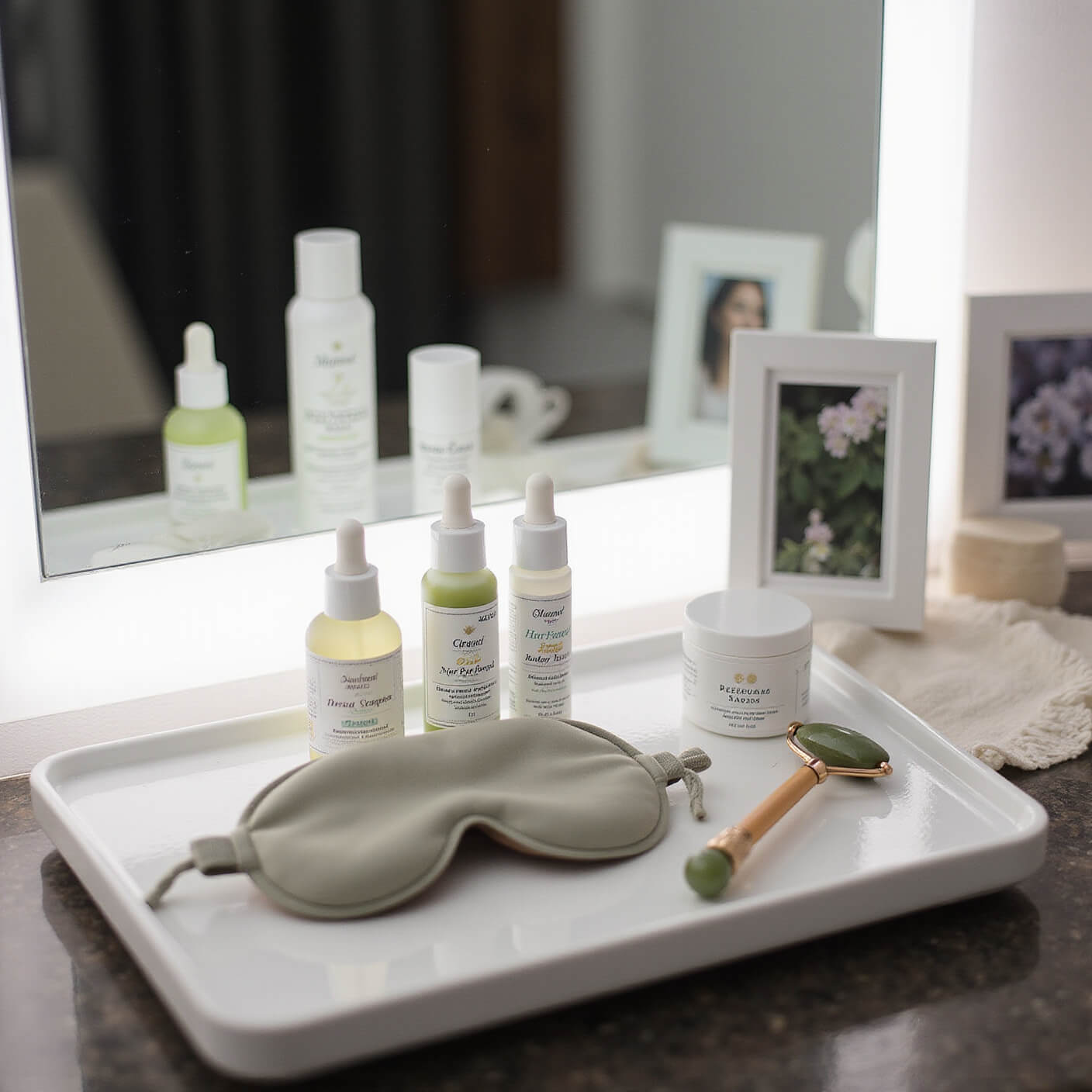 Minimalist evening skincare setup with retinol, serums, and natural remedies on a mirrored tray, soft spa lighting, silk eye mask, jade roller, and personal progress photos.