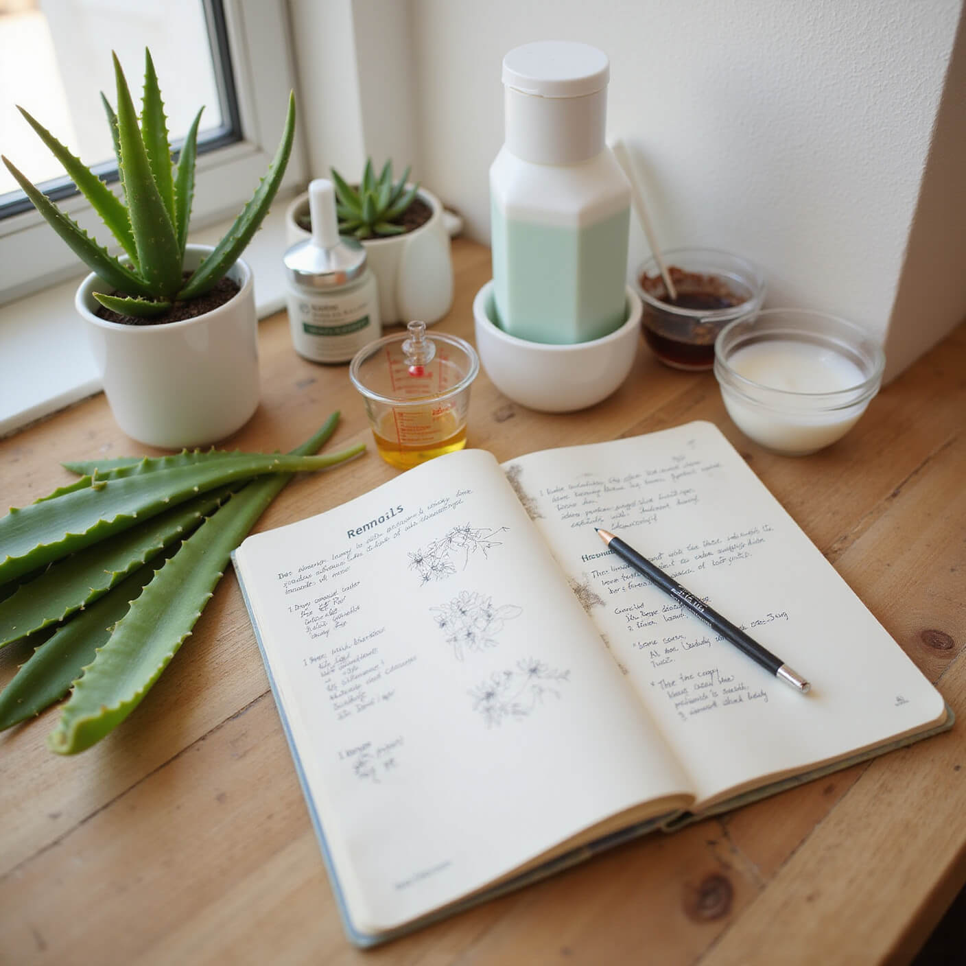 Bright kitchen scene showing natural remedy preparation with a lab notebook, fresh herbs, aloe plants, and measuring tools on a butcher block counter in morning light.