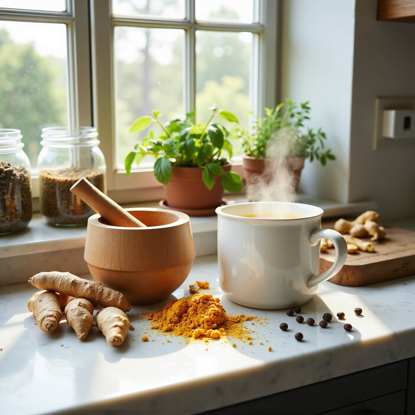 Bright kitchen counter with mortar and pestle grinding turmeric, steaming golden latte, jars of dried herbs, recipe journal, and indoor herb garden by sunlit window.