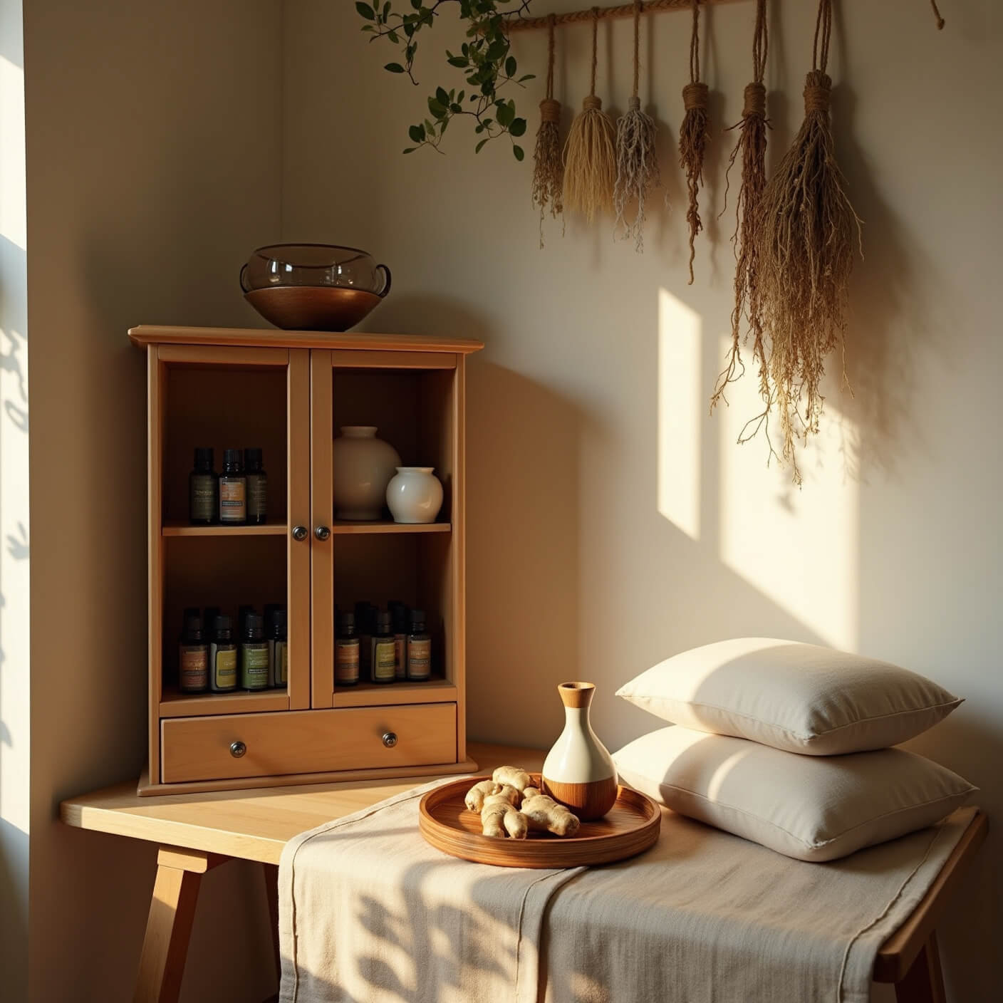 A cozy home wellness nook with a vintage apothecary cabinet, amber glass bottles, meditation cushions, a bamboo tray with a peppermint diffuser, dried herbs hanging above, and a ceramic bowl of fresh ginger, bathed in warm golden hour light.