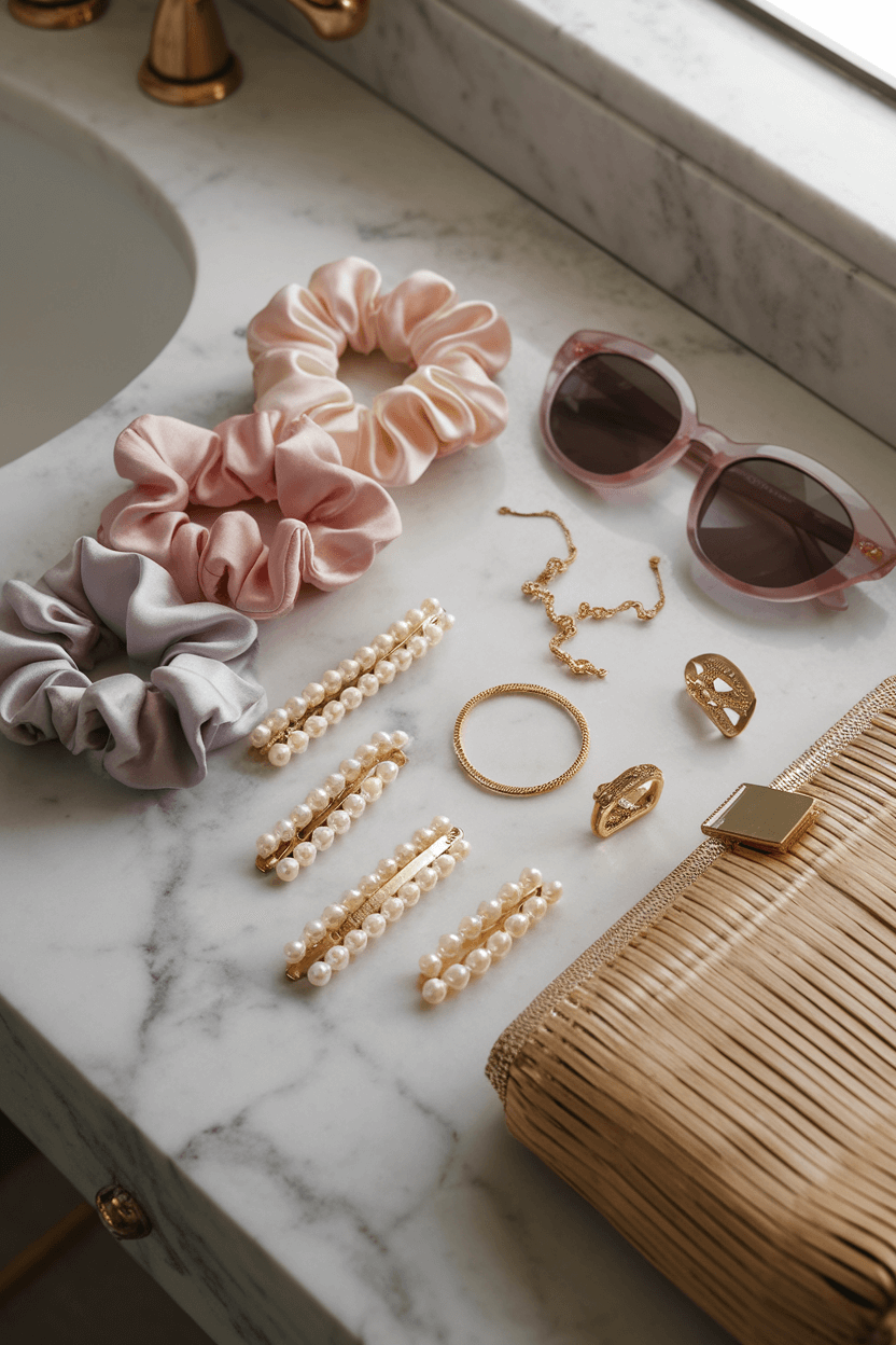 Organized travel accessories on marble countertop in boutique hotel bathroom: pearl hair clips, pastel silk scrunchies, gold jewelry, designer sunglasses, and a straw clutch in soft morning light.