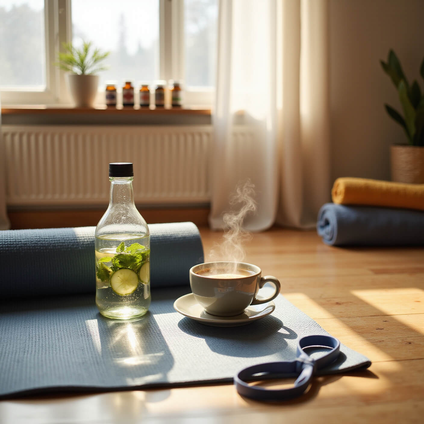 Cozy home gym recovery area with yoga mat, steaming ginger tea, rolled towels, resistance bands, and infused water, bathed in warm afternoon light.