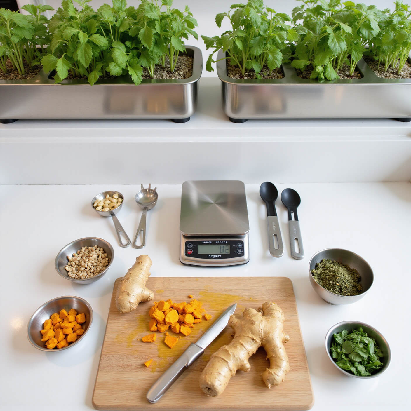 Professional kitchen setup with sliced turmeric and ginger on a cutting board, surrounded by stainless steel bowls of chopped herbs, a scale, measuring spoons, empty capsules, and hydroponic herbs along the backsplash in bright, clean lighting.