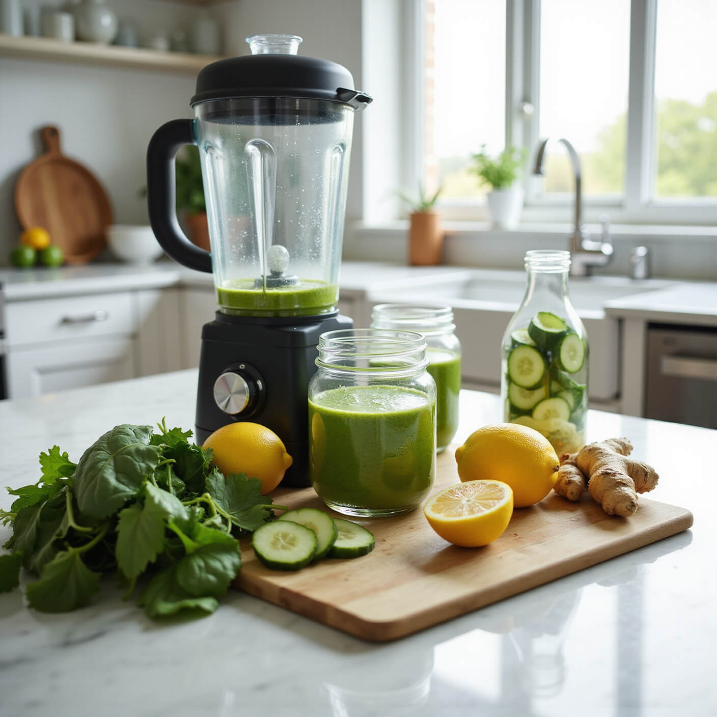 Modern kitchen with sunlight, marble island, blender with green smoothie, fresh produce, mason jars, water bottle, and cutting board.