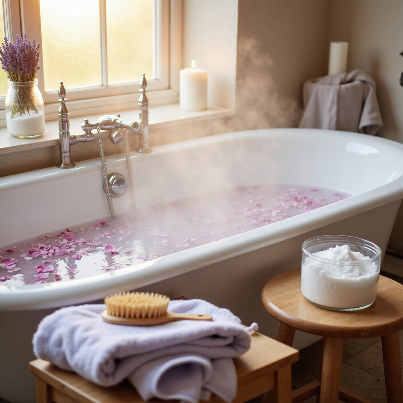 Serene golden hour bathroom with a white clawfoot tub of steaming water and rose petals, surrounded by lavender bundles, candles, Epsom salts, and a wooden stool with a towel and dry brush.