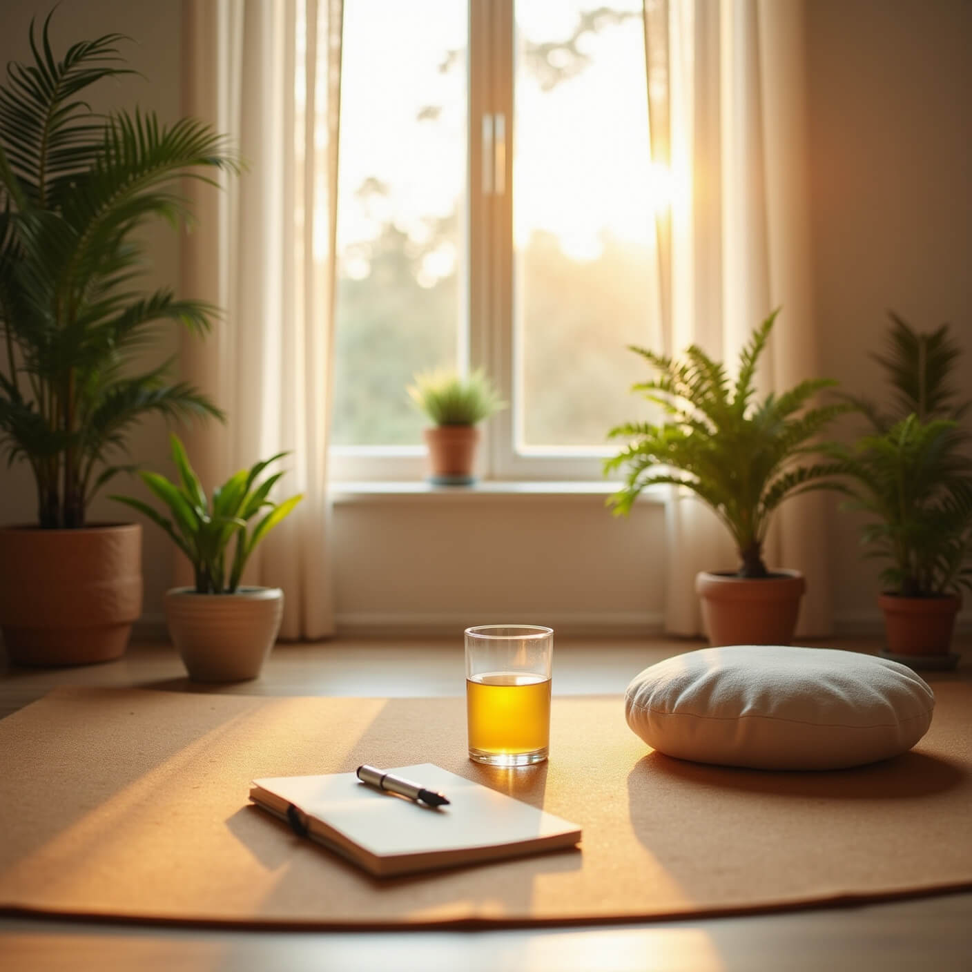 Sunlit minimalist home yoga corner with cork mat, meditation cushion, plants, lemon water, and journal in warm neutral tones.
